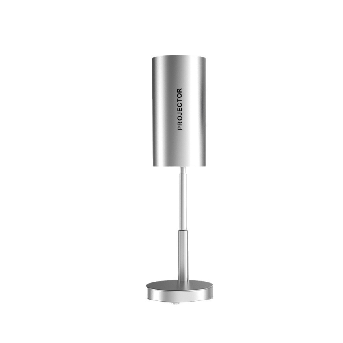 Silberner Projektor auf einem silbernen Ständer. Das Wort PROJECTOR ist auf dem Projektorgehäuse aufgedruckt.