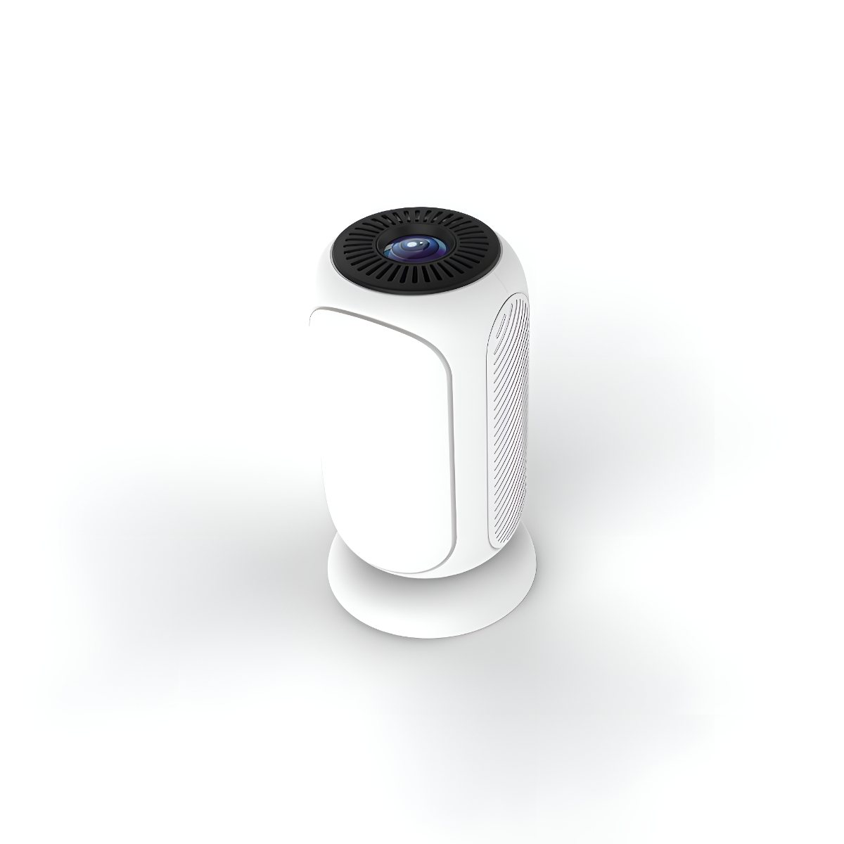 Weißer, zylindrischer Fotoapparat mit schwarzem Objektiv. Die Kamera steht auf einer weißen Oberfläche.