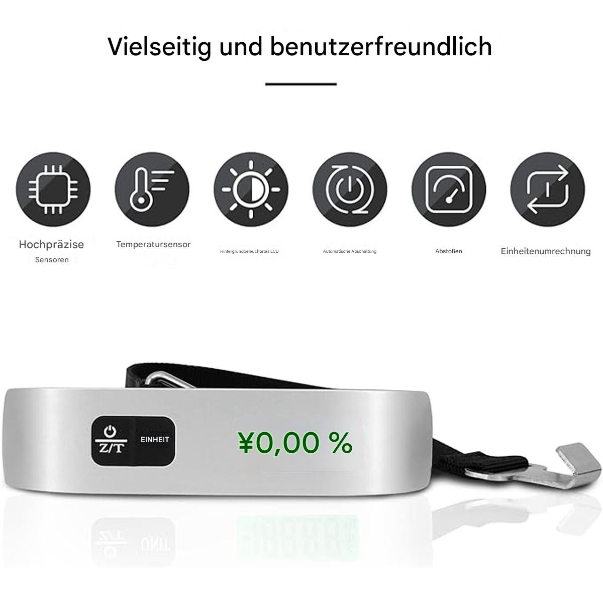 Silberne Gepäckwaage mit schwarzem Gurt und Symbolen. Grüner Bildschirm zeigt Zahlen.
