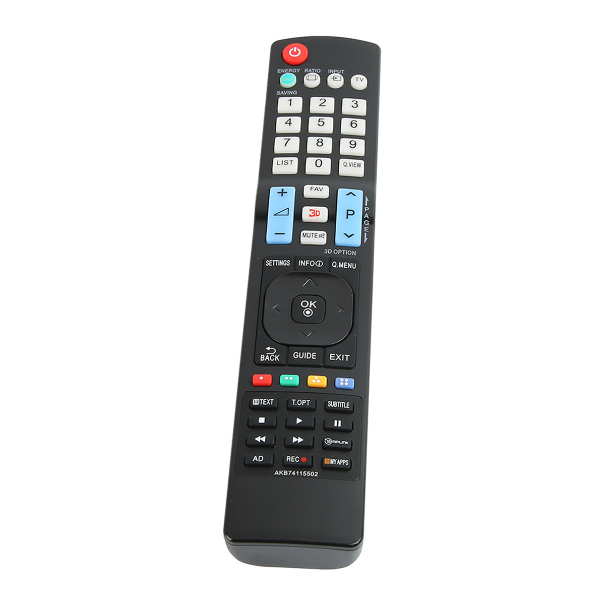 Schwarze TV-Fernbedienung mit zahlreichen Knöpfen. Die Fernbedienung ist abgewinkelt, auf weißem Grund.