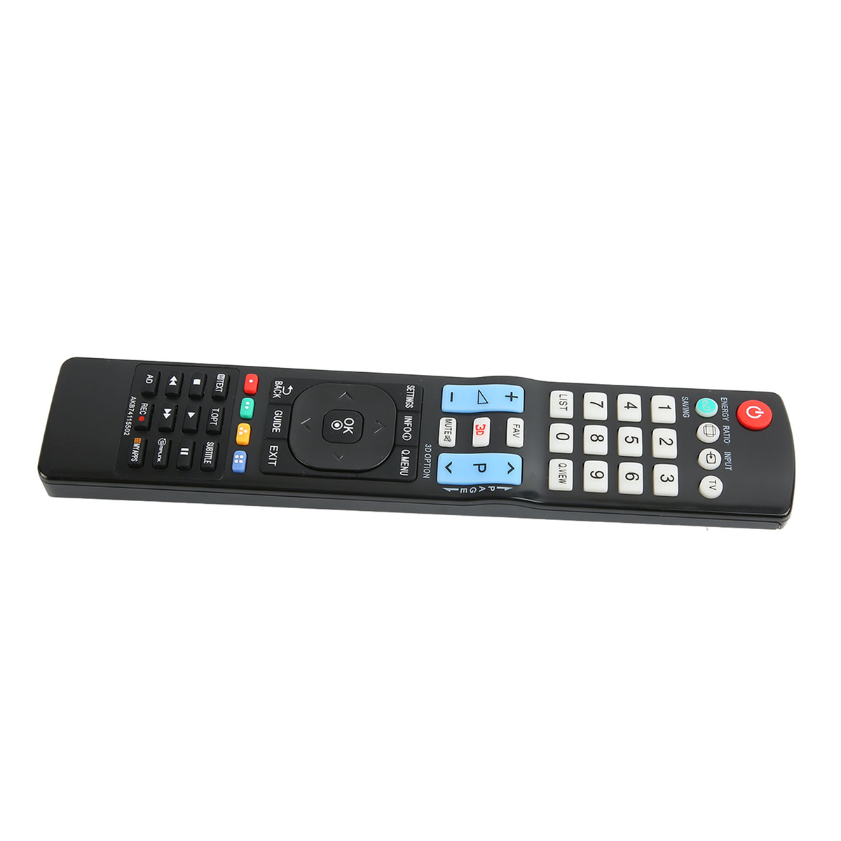 Eine schwarze TV-Fernbedienung mit verschiedenen Tasten. Die Tasten sind beschriftet und farbig. Weißer Hintergrund.