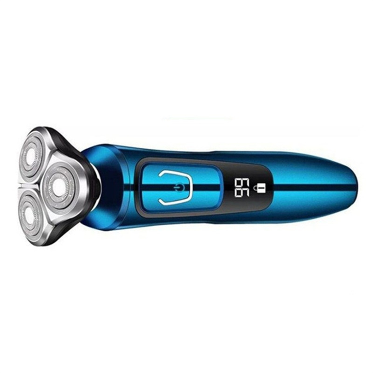 Elektrischer Rasierer, blau mit Digitalanzeige für Akkulaufzeit und drei silbernen Köpfen.