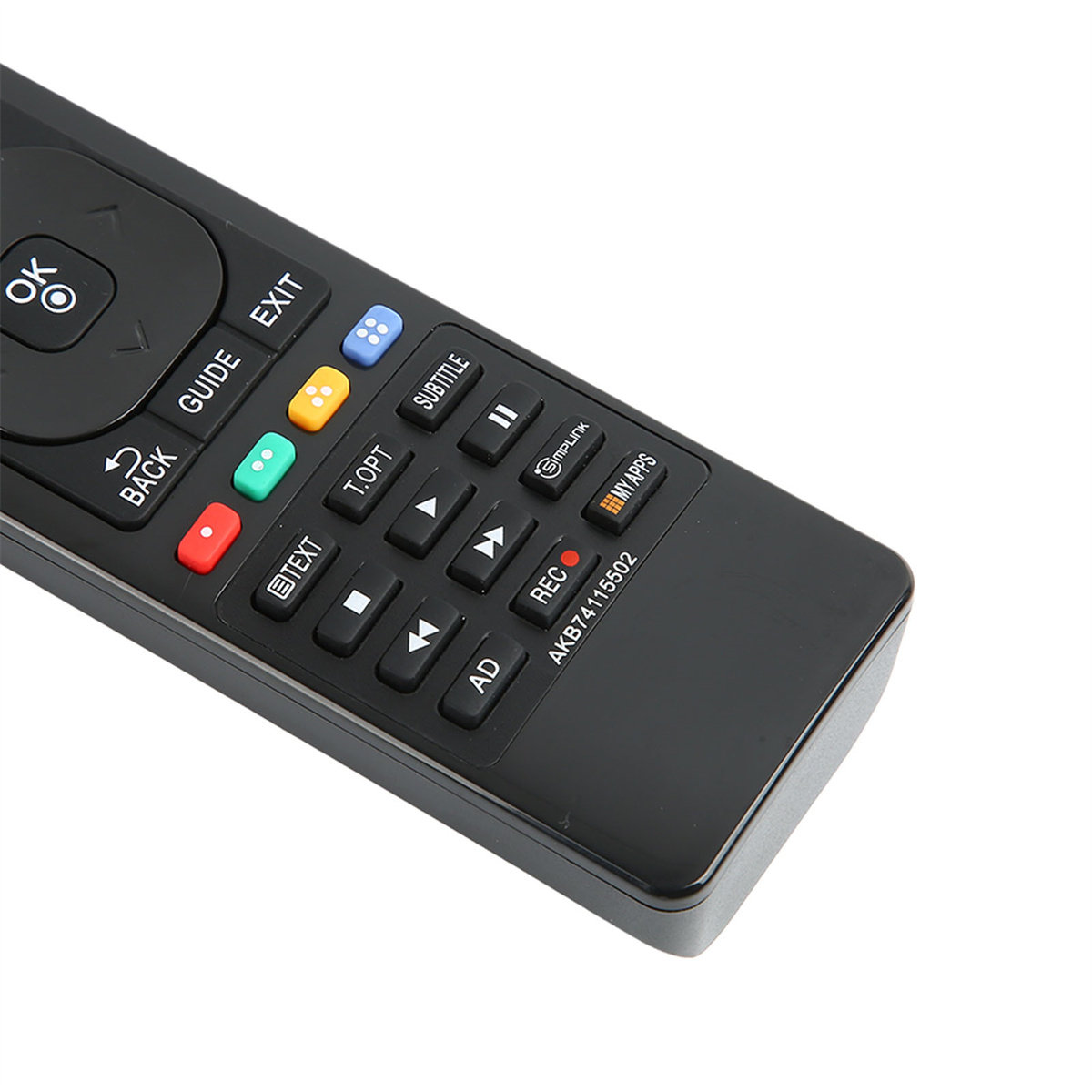 Schwarze TV-Fernbedienung mit vielen Knöpfen. Die Fernbedienung liegt auf weißem Grund.