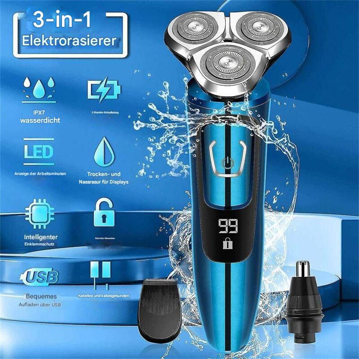 Blauer elektrischer Rasierer mit zusätzlichen Aufsätzen. Wassertropfen drumherum. Der Rasierer hat ein Display.