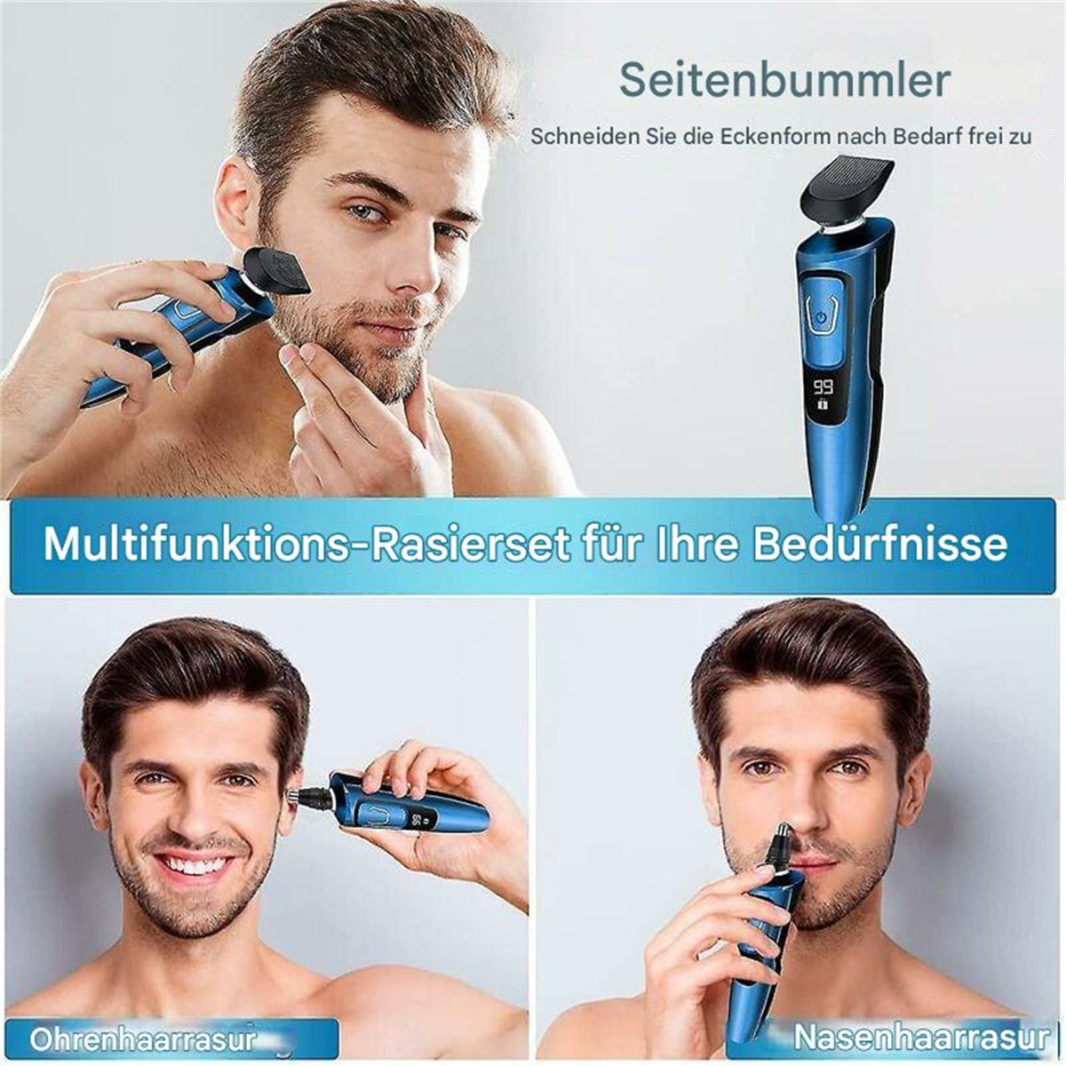Mann rasiert sich mit blauem Elektrorasierer. Andere Bilder zeigen Ohren- und Nasenhaartrimmer.