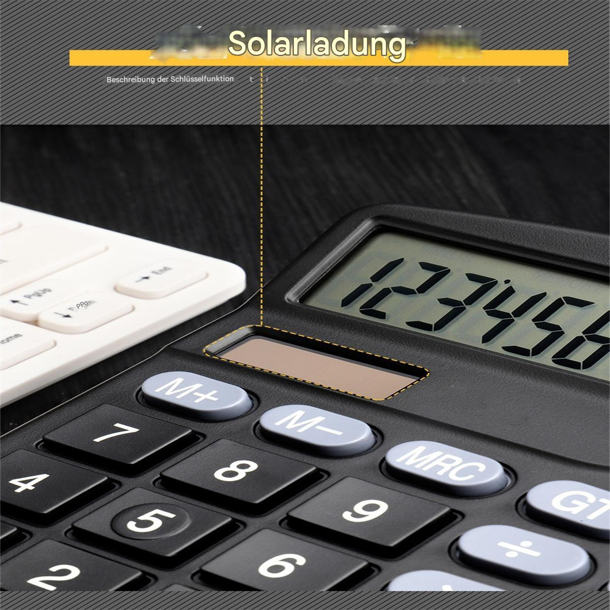 Rechner mit angezeigten Zahlen und Tastatur. Eine weiße Tastatur im Hintergrund.
