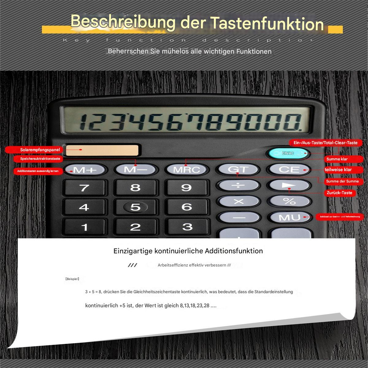 Ein Taschenrechner mit detaillierter Ansicht der Tasten und Beschriftungen.