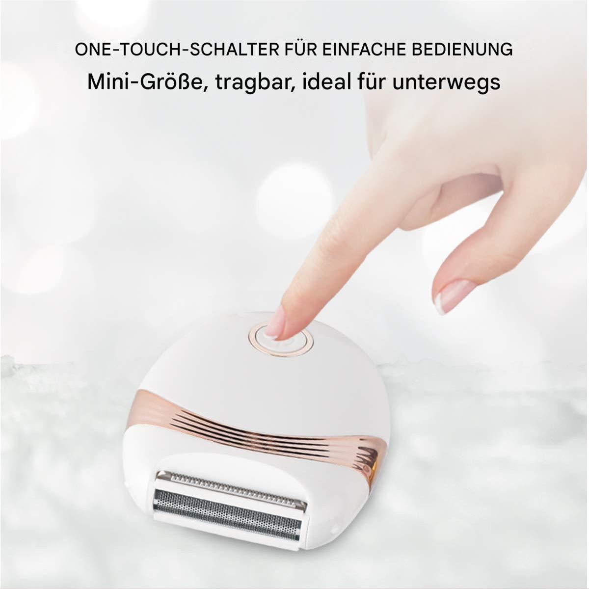 Ein weißer, ovaler Epilierer mit goldenen Akzenten, der von einer Hand mit Knopfdruck bedient wird.