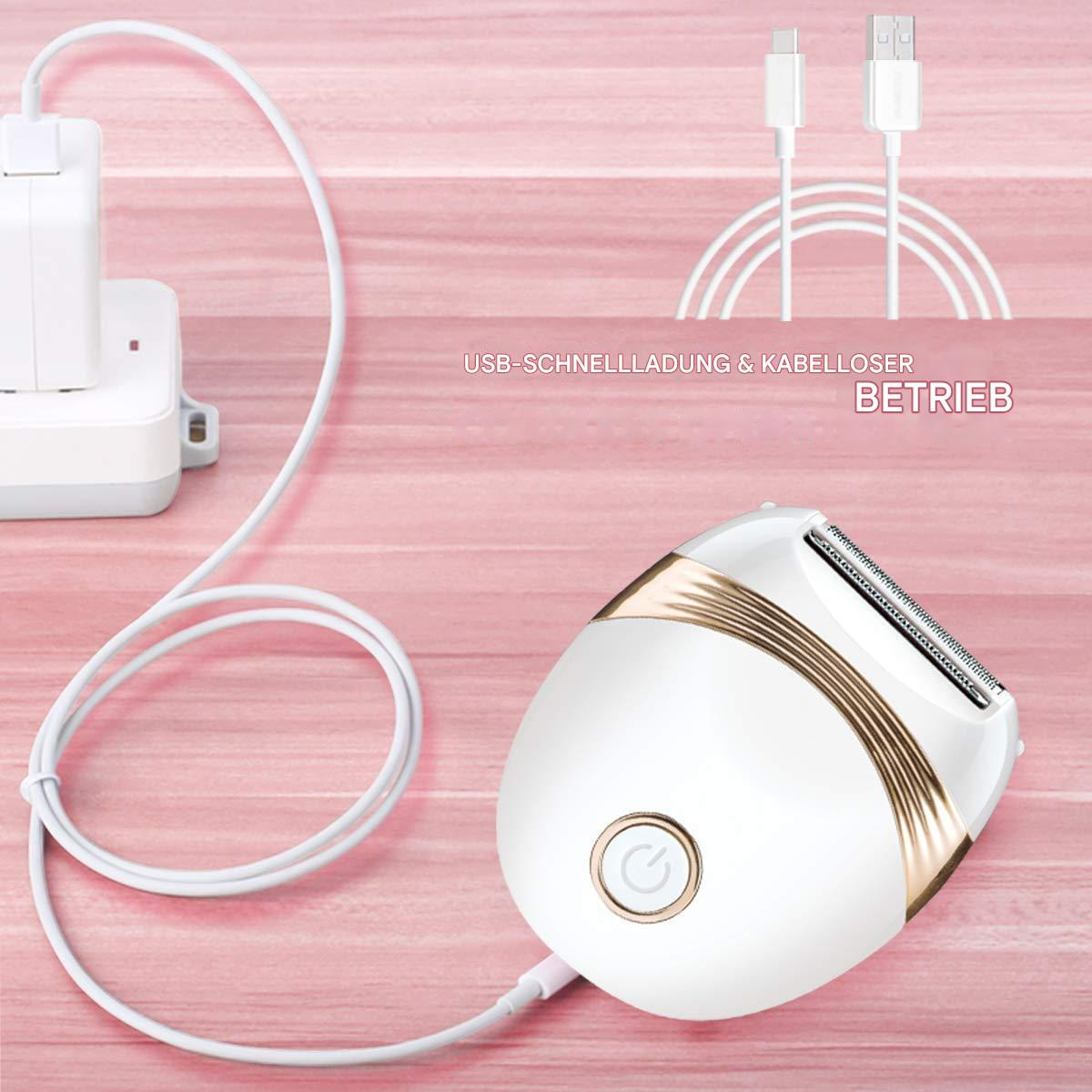 Weißer und goldener Elektrorasierer, verbunden mit Ladekabel und USB-Ladegerät.