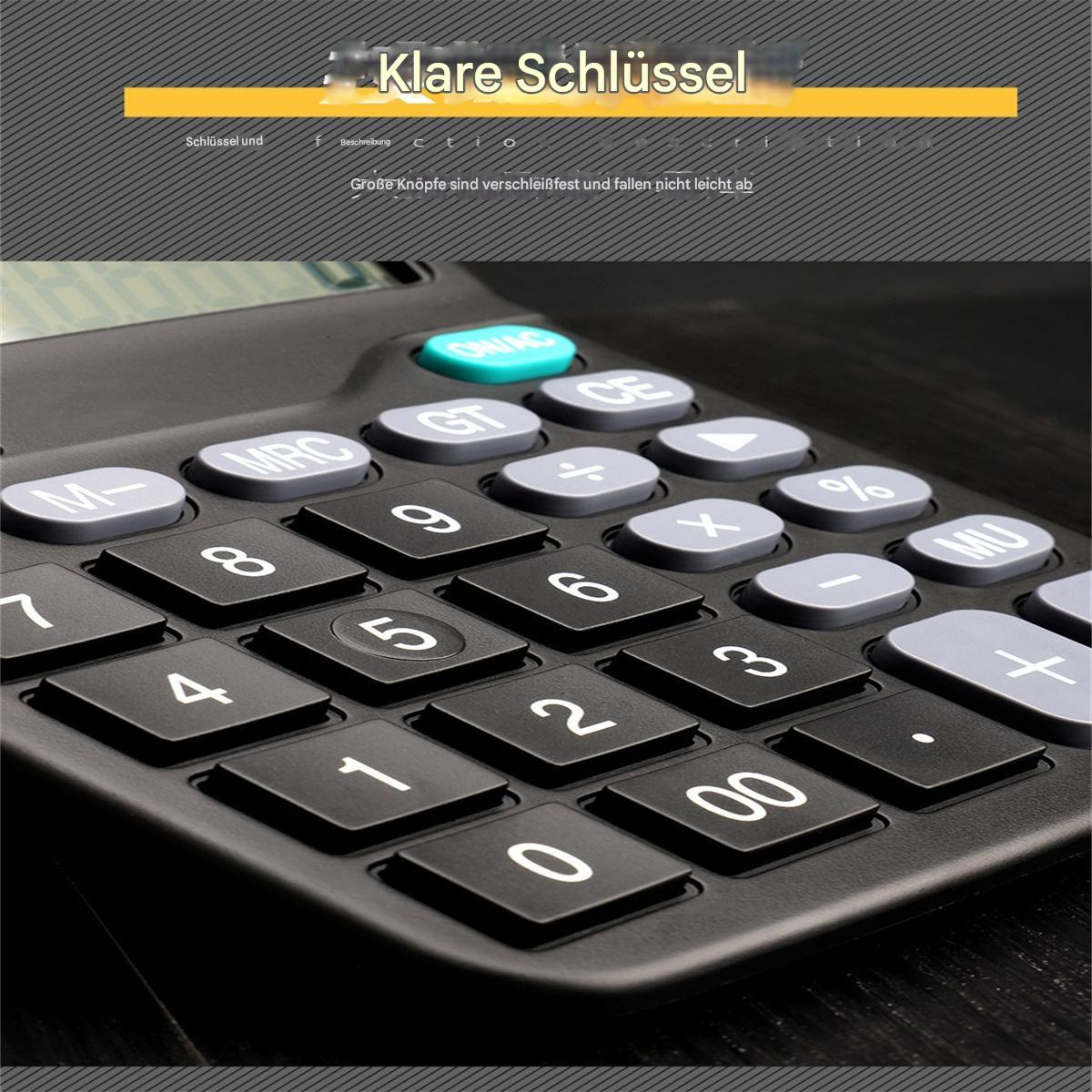 Ein Rechner mit großen Tasten. Text auf Deutsch. Zahlen, Symbole und Tasten sind sichtbar.