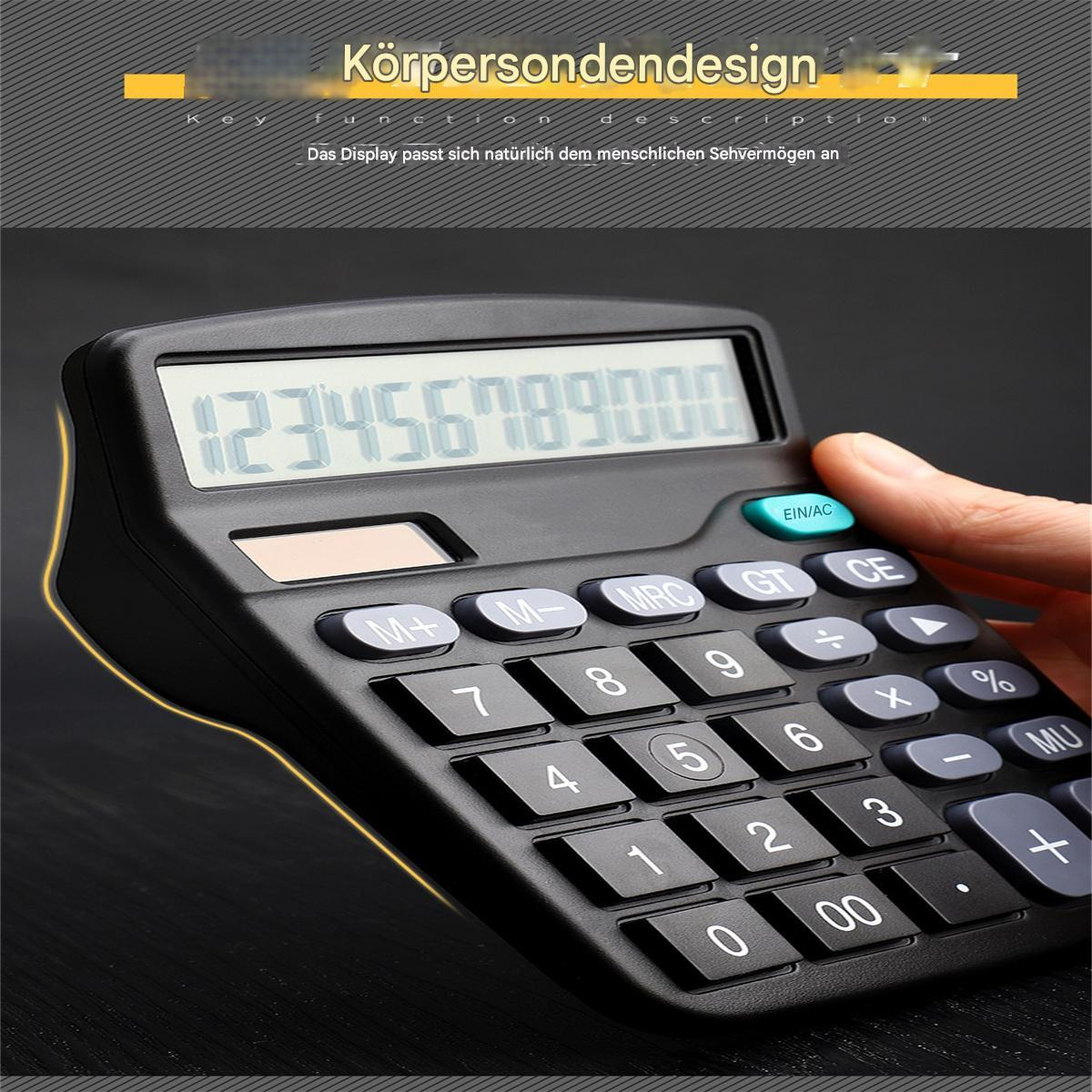 Ein schwarzer Taschenrechner mit Zahlenanzeige. Eine Hand hält den Rechner.