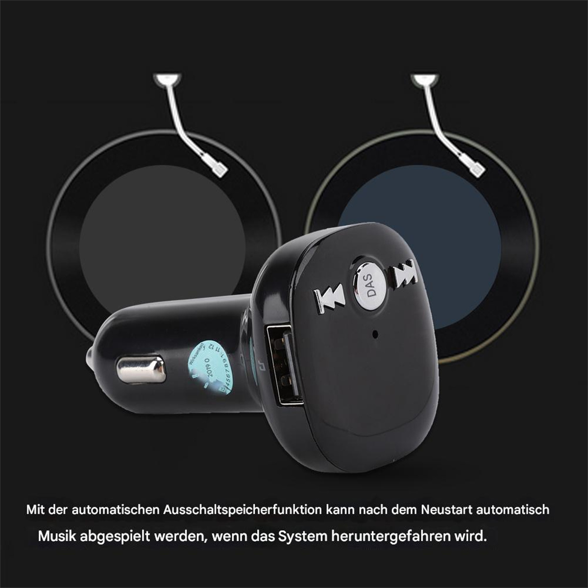 Ein schwarzes Autoladegerät mit USB-Anschluss, das zwei kreisförmige grafische Elemente zeigt.