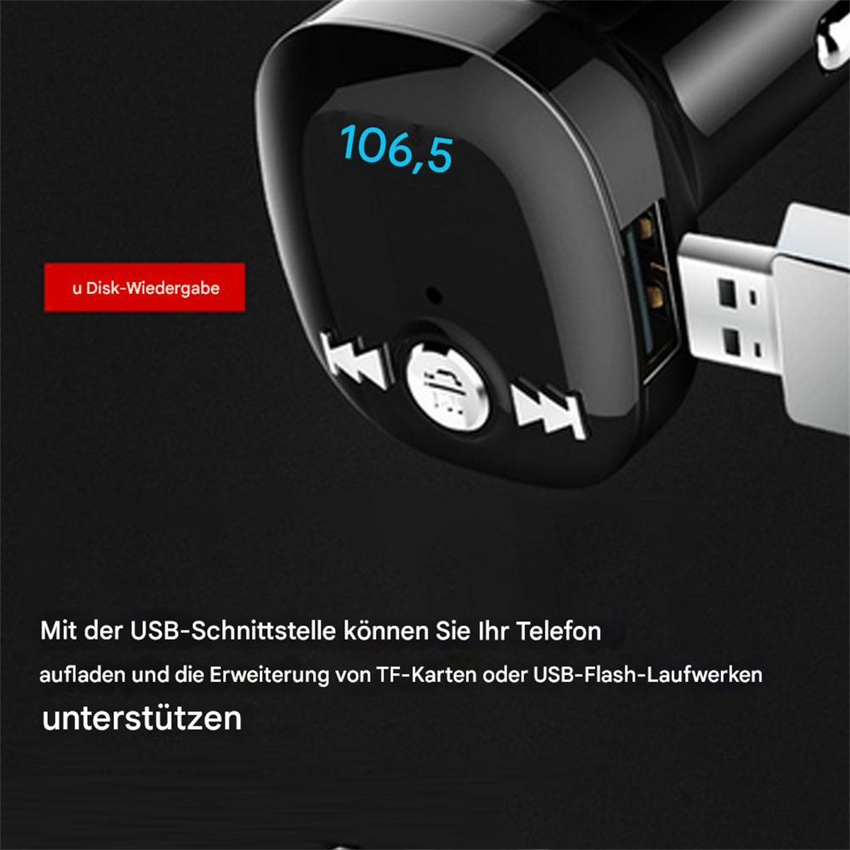 Schwarzes Gerät mit Bildschirm, der 106,5 anzeigt, Text auf Deutsch und USB-Anschluss.