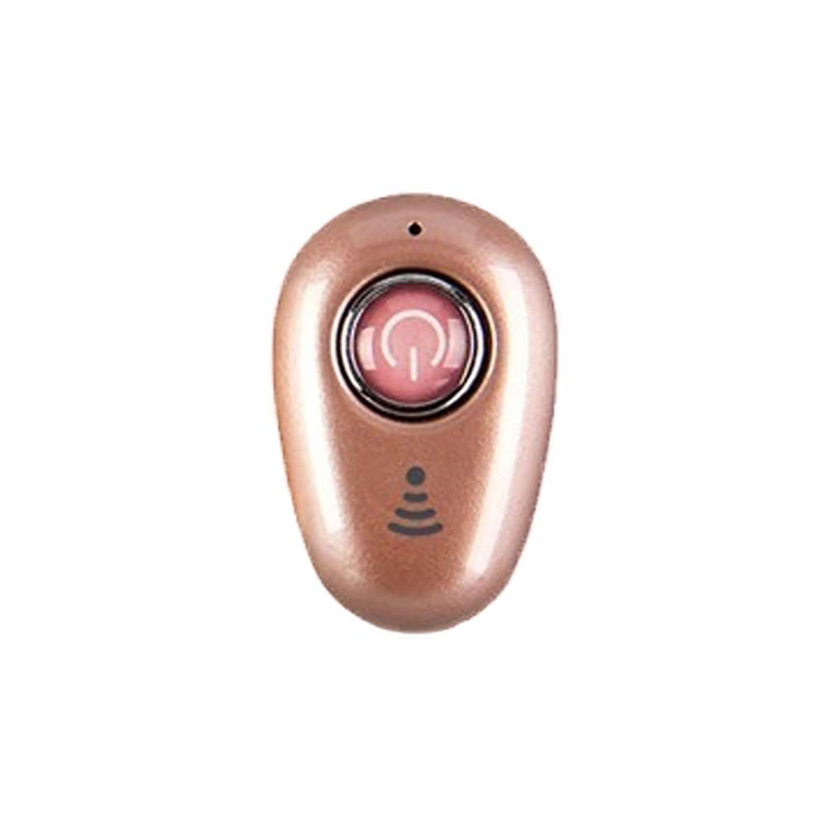 Ohrhörer mit roségoldenem Finish. Es hat eine Ein-/Aus-Taste und ein Funksymbol. Weißer Hintergrund.