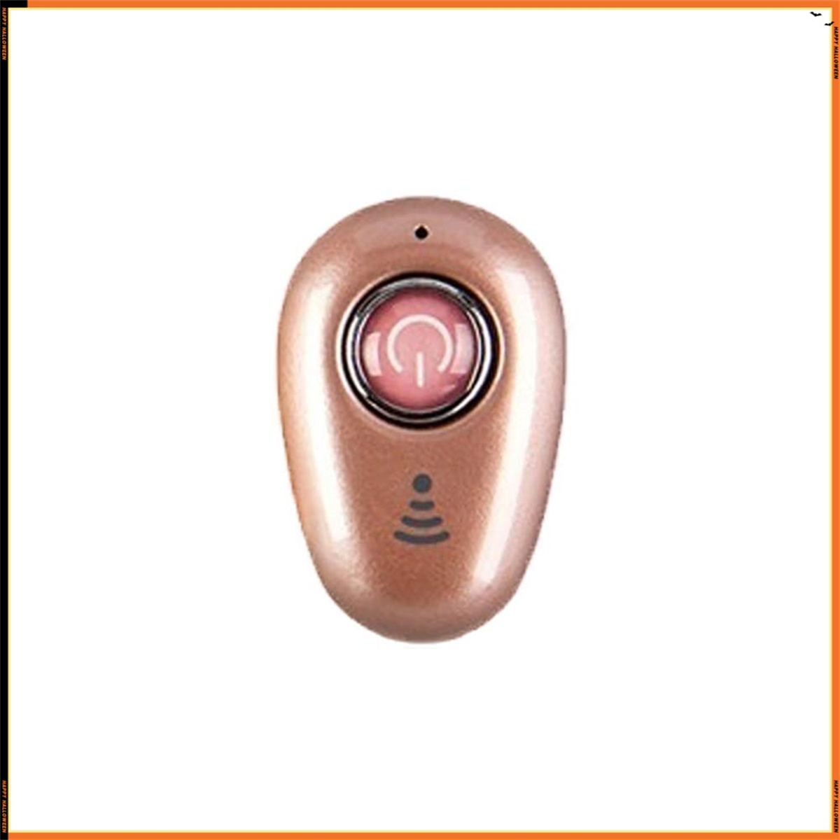 Ein kleiner, ovaler, roségoldener Bluetooth-Ohrhörer mit pinkfarbener Ein/Aus-Taste.