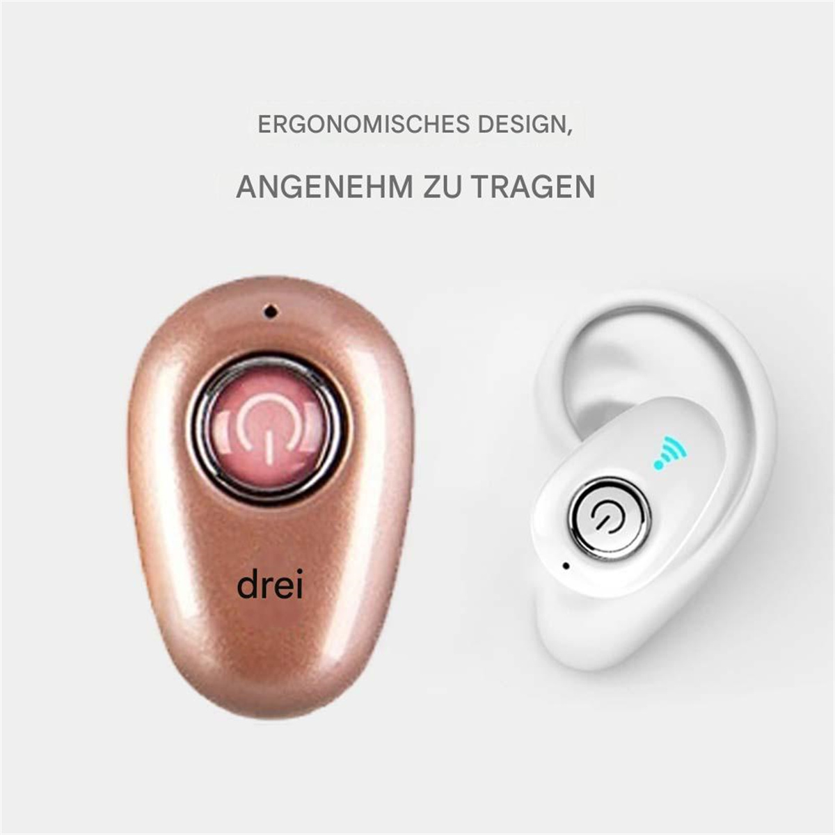 Drahtloser Ohrhörer in Roségold mit Knopf und ein weißer Ohrhörer im Ohr.