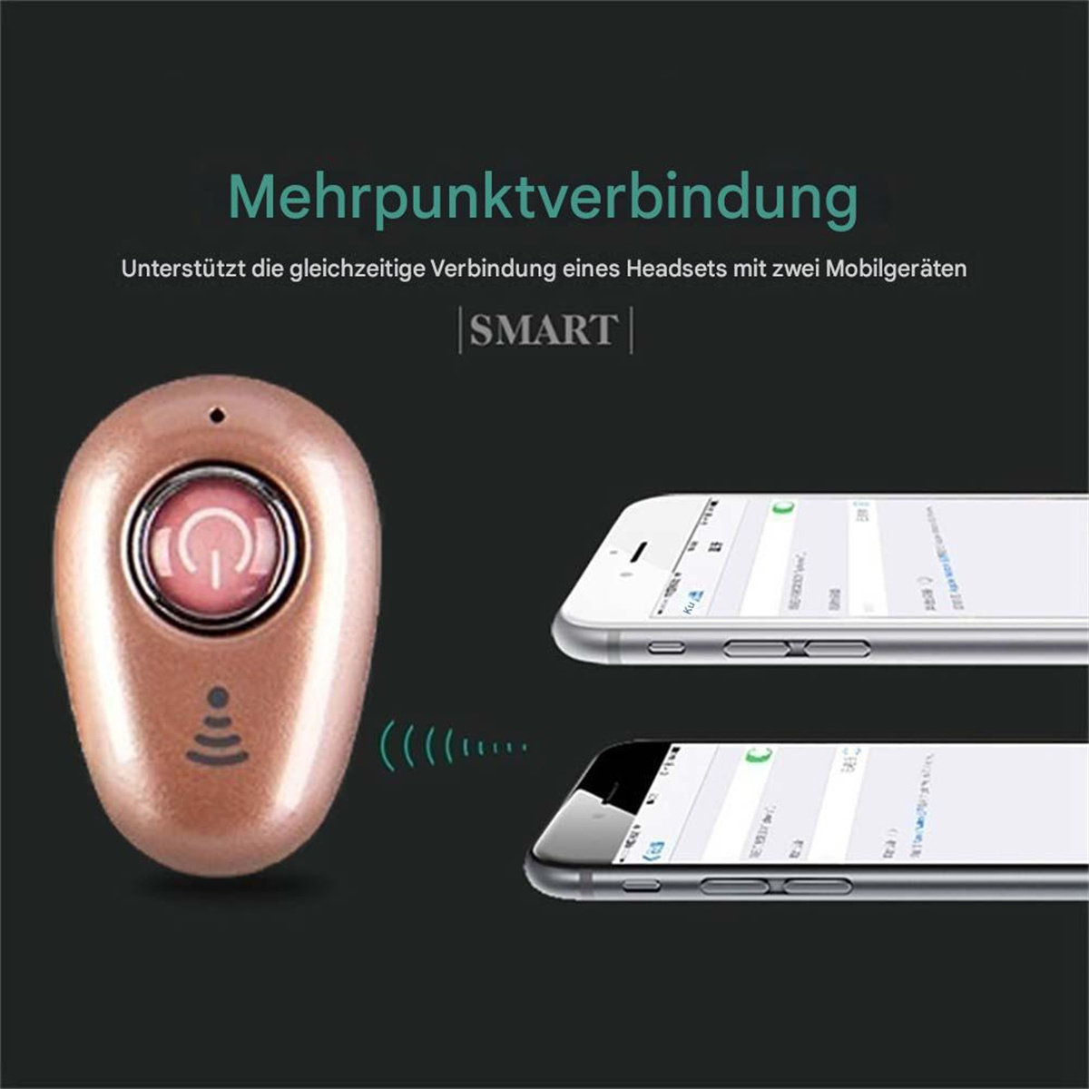 Kleiner Ohrhörer mit zwei Smartphones und einem Text auf Deutsch.