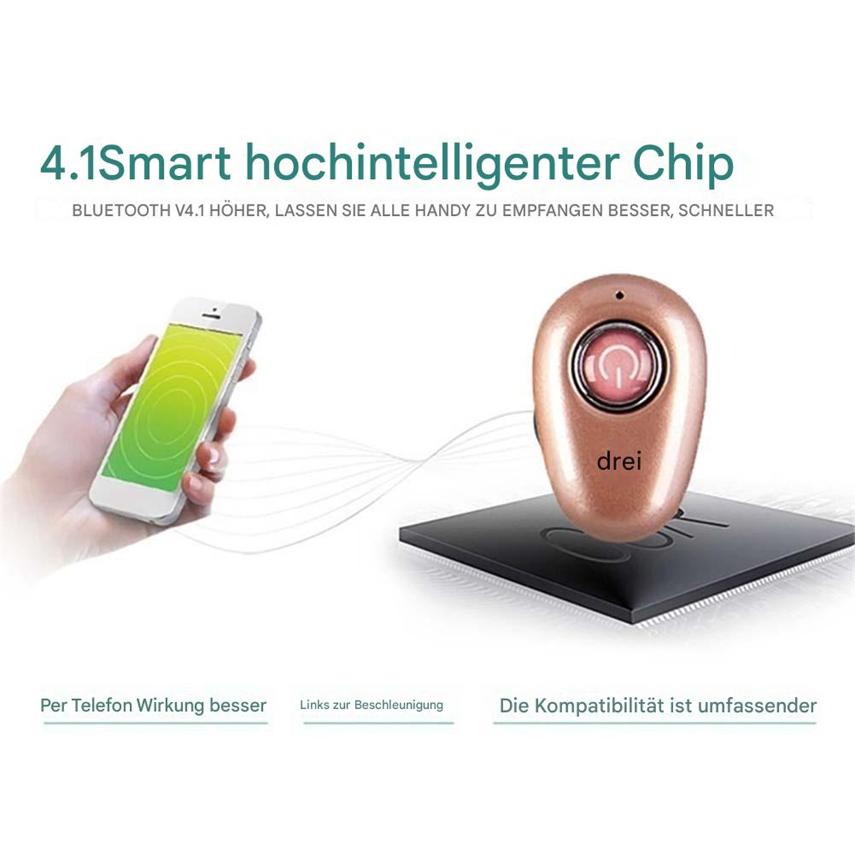 Ein kleiner, goldener Ohrhörer mit Knopf neben einem Telefon. Text über den Ohrhörer ist vorhanden.