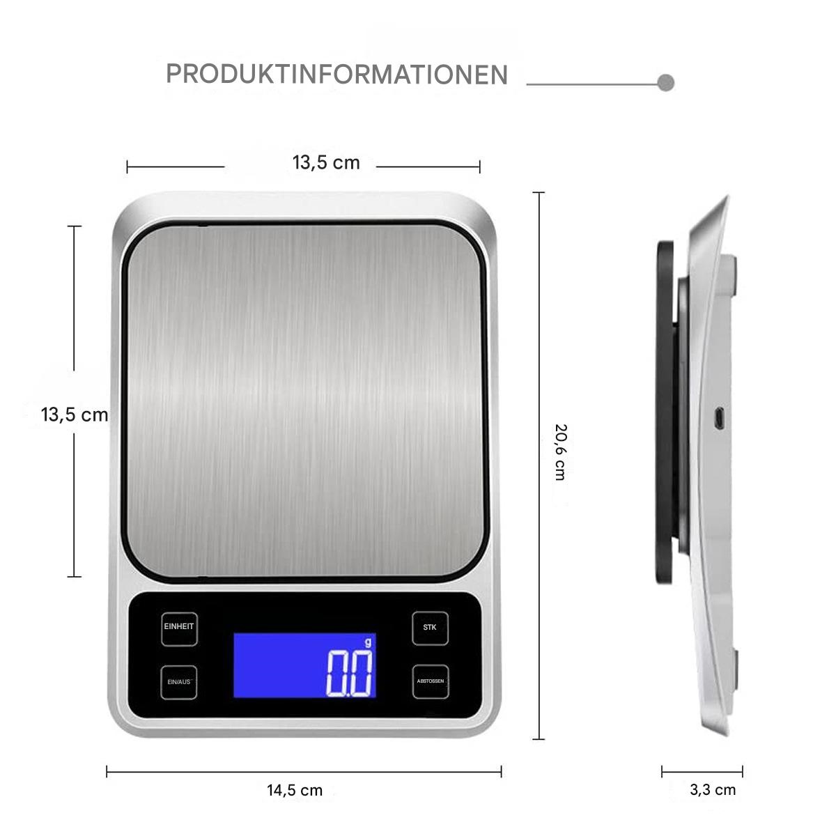Eine silberne digitale Küchenwaage mit Maßen, die ein Gewicht von 0,0 g anzeigt.