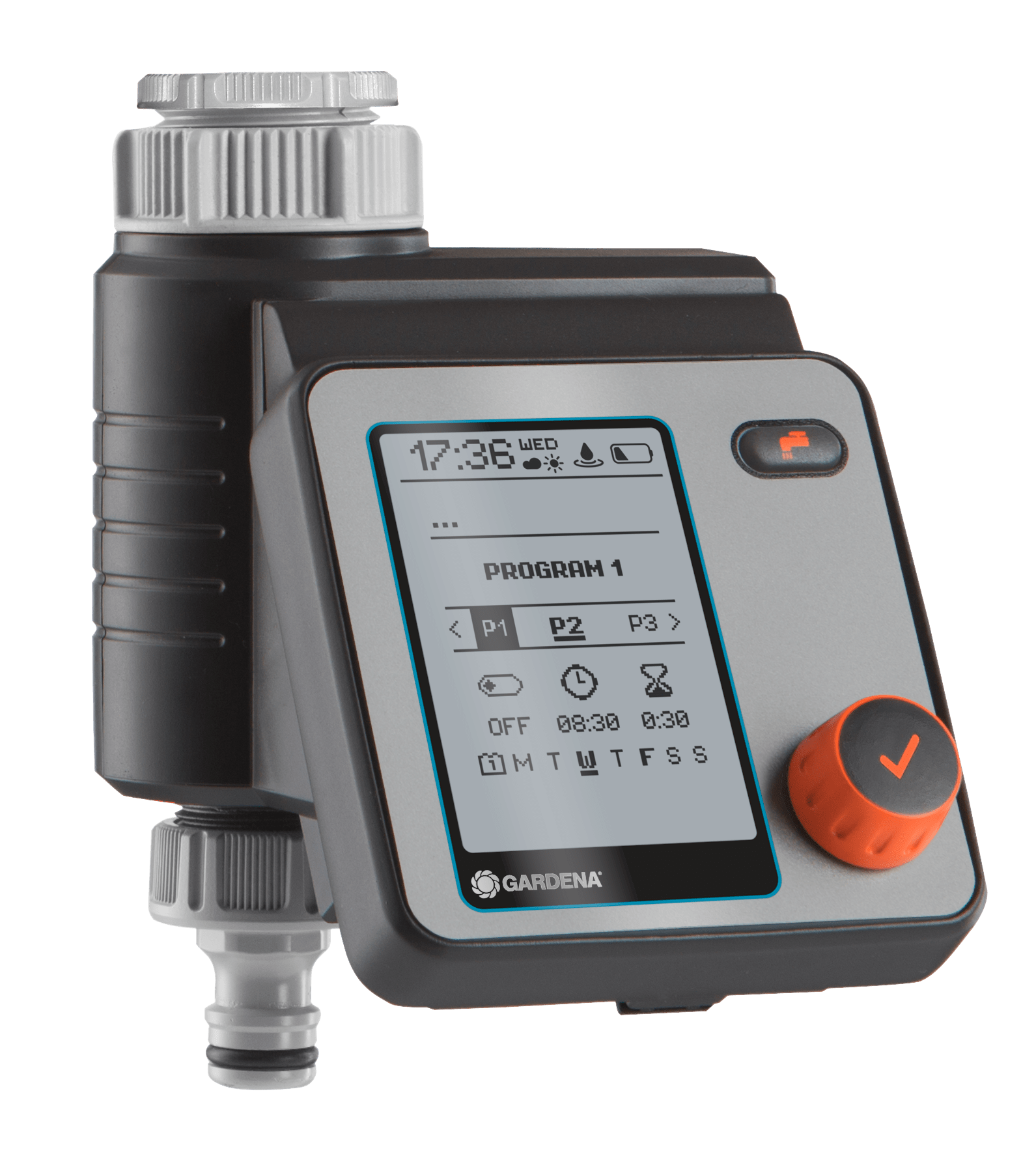 Timer per irrigazione da giardino nero e grigio con display digitale.