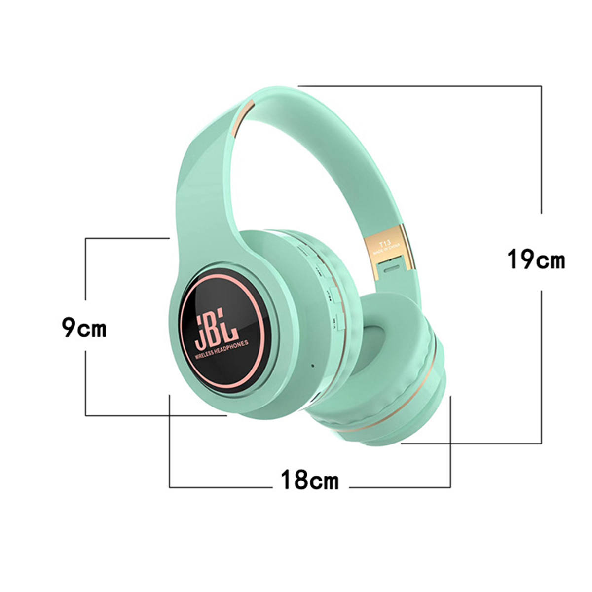 Mintgrüne JBL kabellose Kopfhörer. Abmessungen: 9 cm x 18 cm x 19 cm. Das JBL-Logo ist sichtbar.