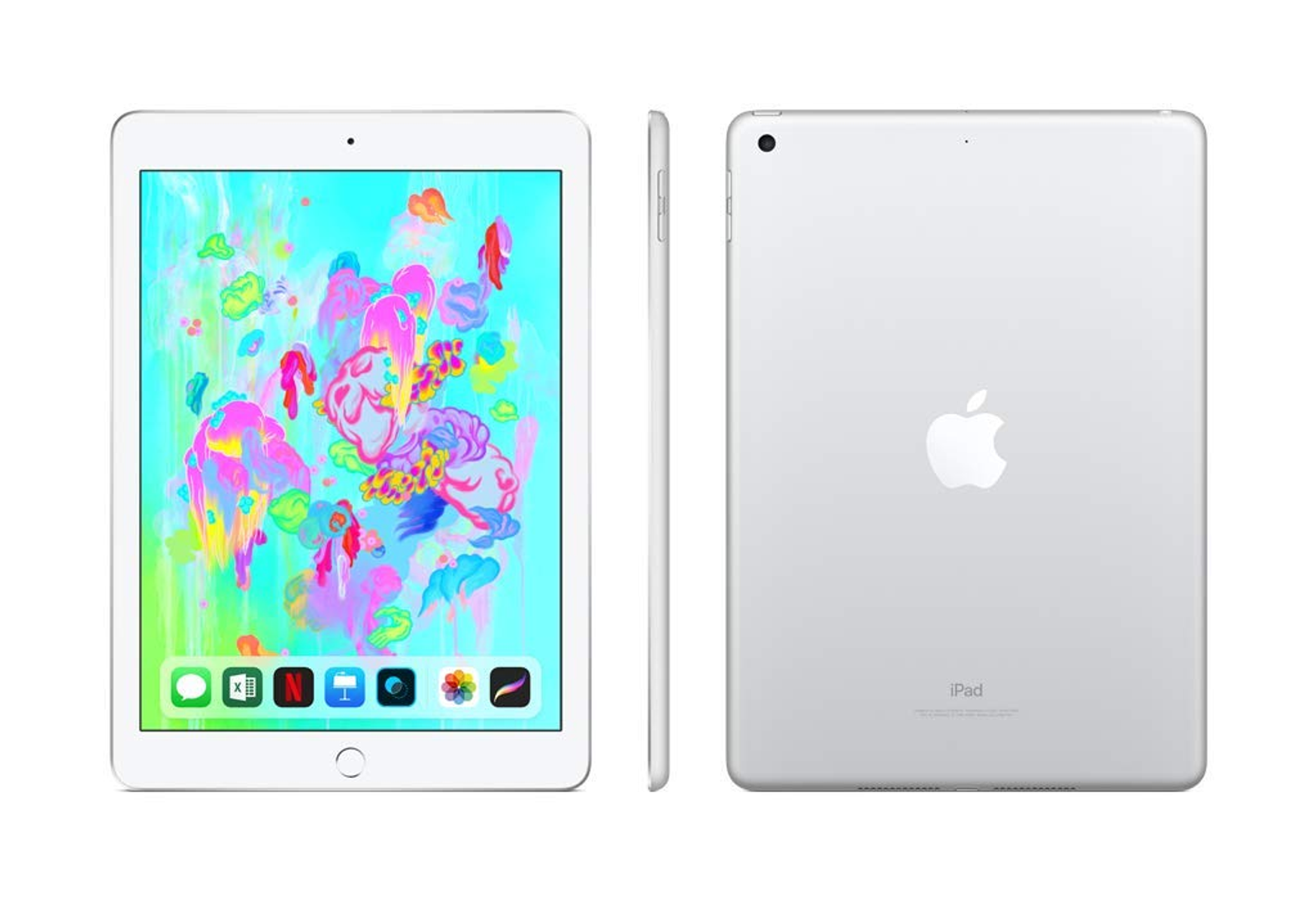 Zwei Ansichten eines silbernen iPads, die den Bildschirm mit farbenfrohen Kunstwerken und die Rückseite zeigen.