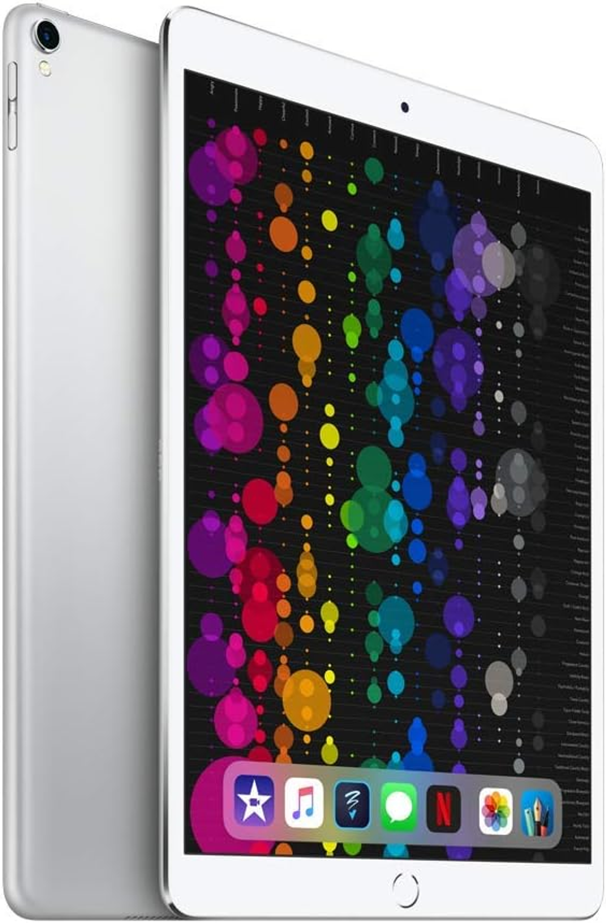 iPad argenté avec un fond abstrait et coloré sur son écran. Des icônes sont visibles en bas.