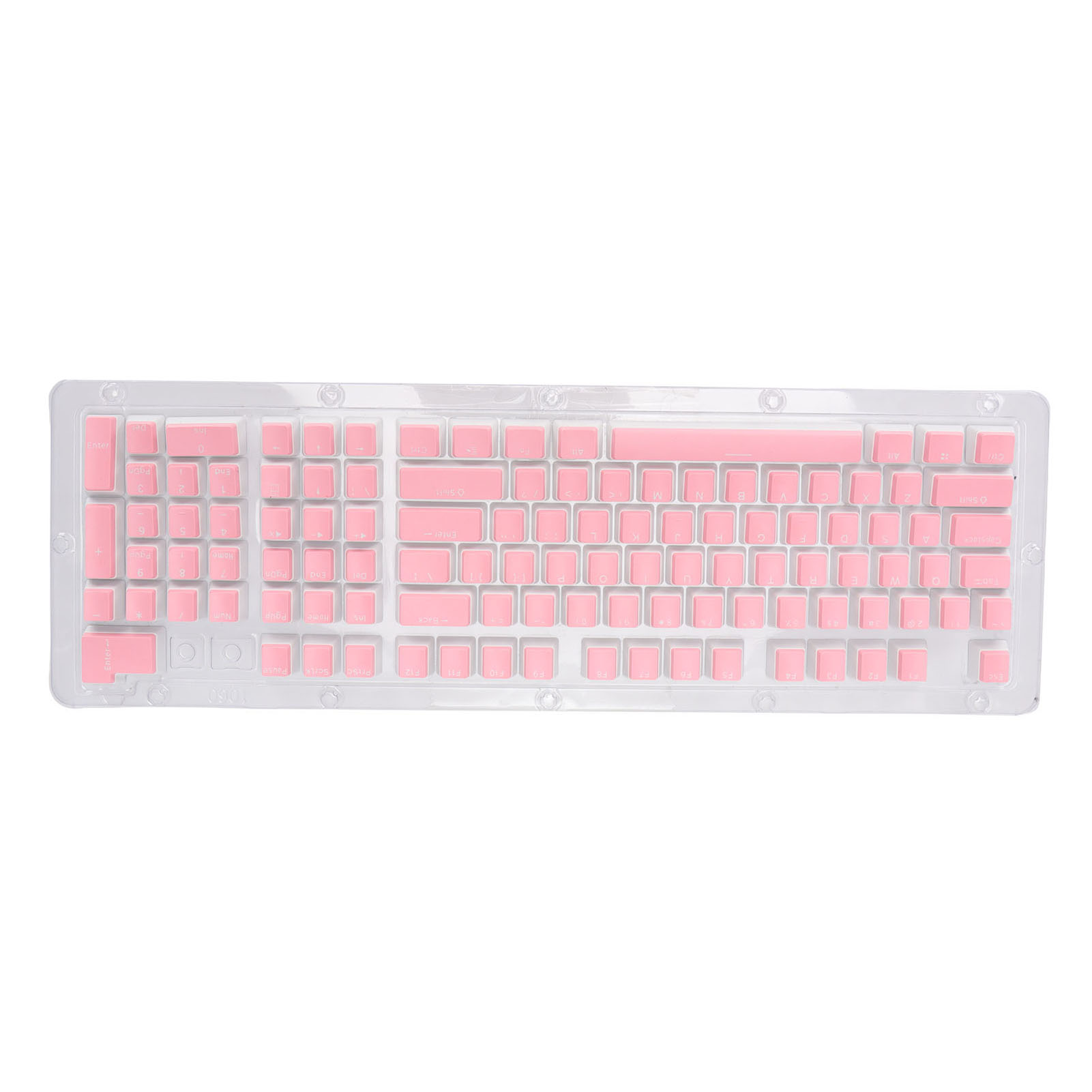 Eine transparente Tastaturabdeckung mit rosa Tasten.
