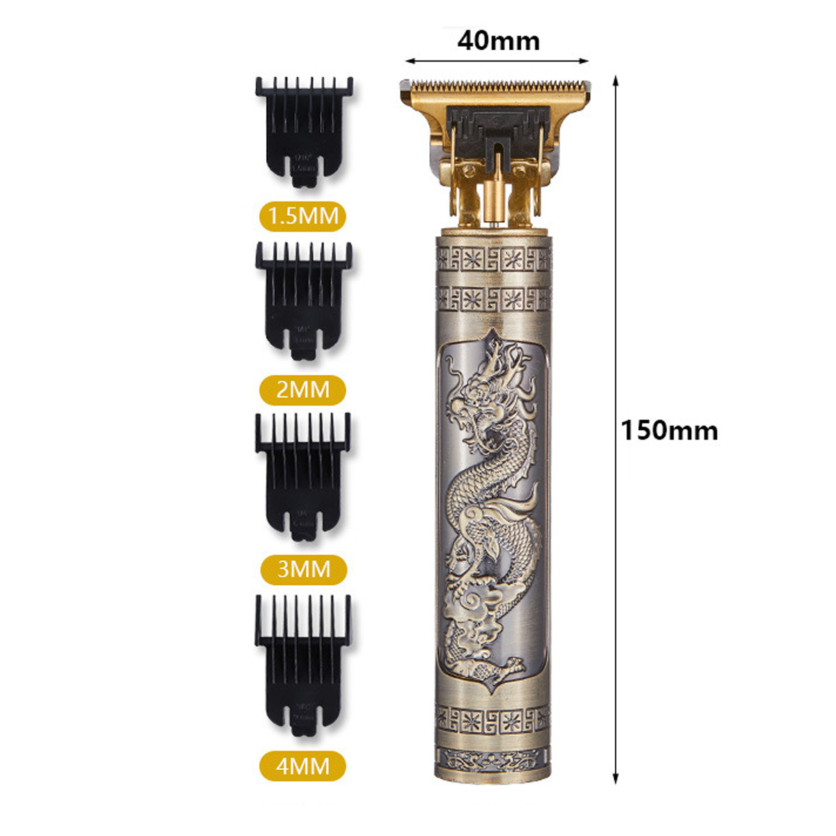 Ein gold-bronze Haarschneider mit verschiedenen Kammaufsätzen. Drachendesign an der Seite.