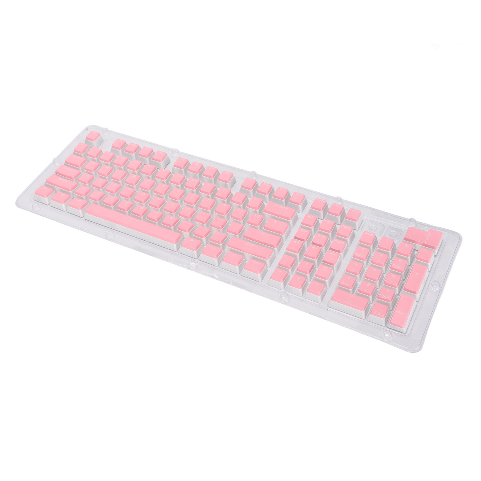 Rosa Tastaturabdeckung auf weißem Hintergrund, bedeckt die Tasten einer Tastatur.