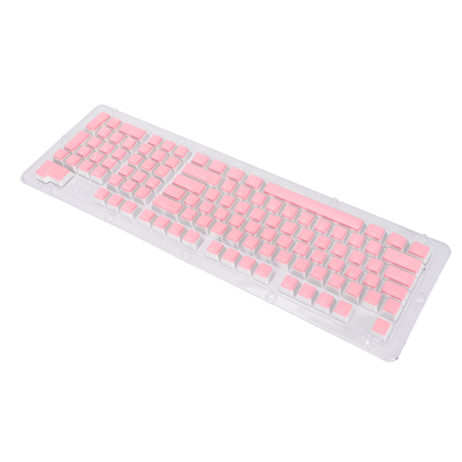 Eine rosa Tastaturabdeckung auf weißem Hintergrund. Die Abdeckung hat pinkfarbene Tasten.