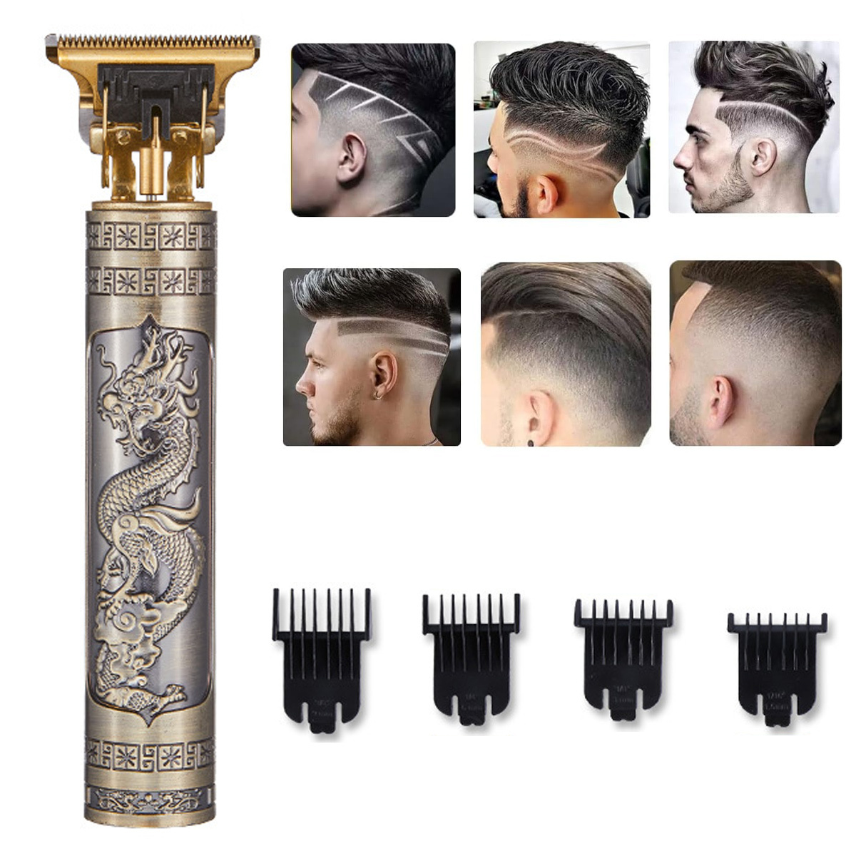 Ein Haarschneider und mehrere Frisuren werden angezeigt. Der Haarschneider ist gold- und silberfarben. Weißer Hintergrund.