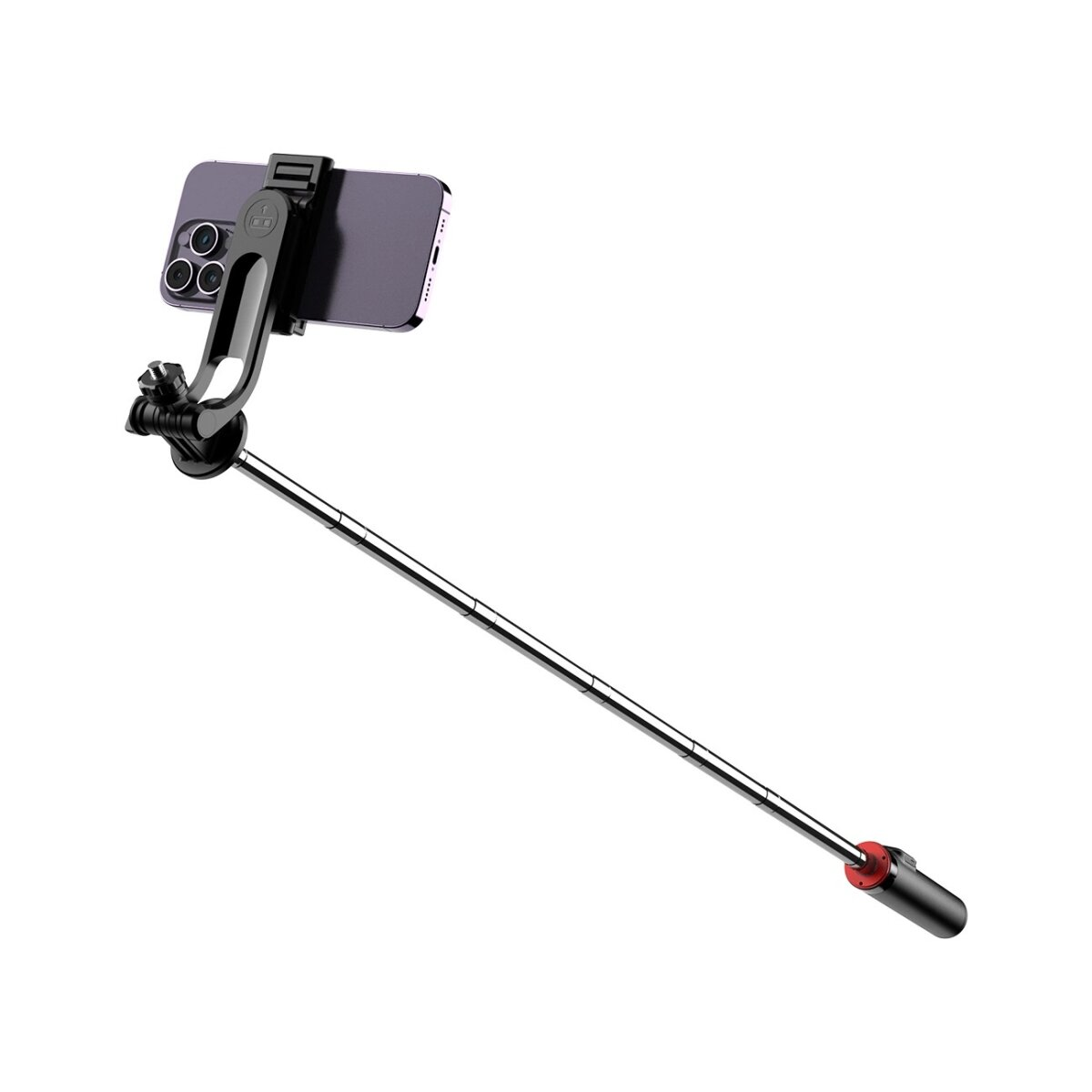 Selfie-Stick mit befestigtem Telefon. Das Telefon ist lila, der Stick ist schwarz und silber.