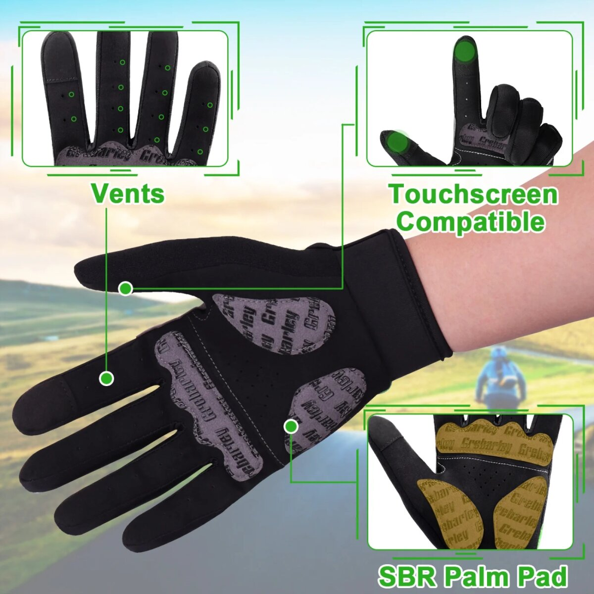 Schwarze Fahrradhandschuhe mit Belüftung, Touchscreen-Kompatibilität und SBR-Handflächenpolster, mit grünen Akzenten.