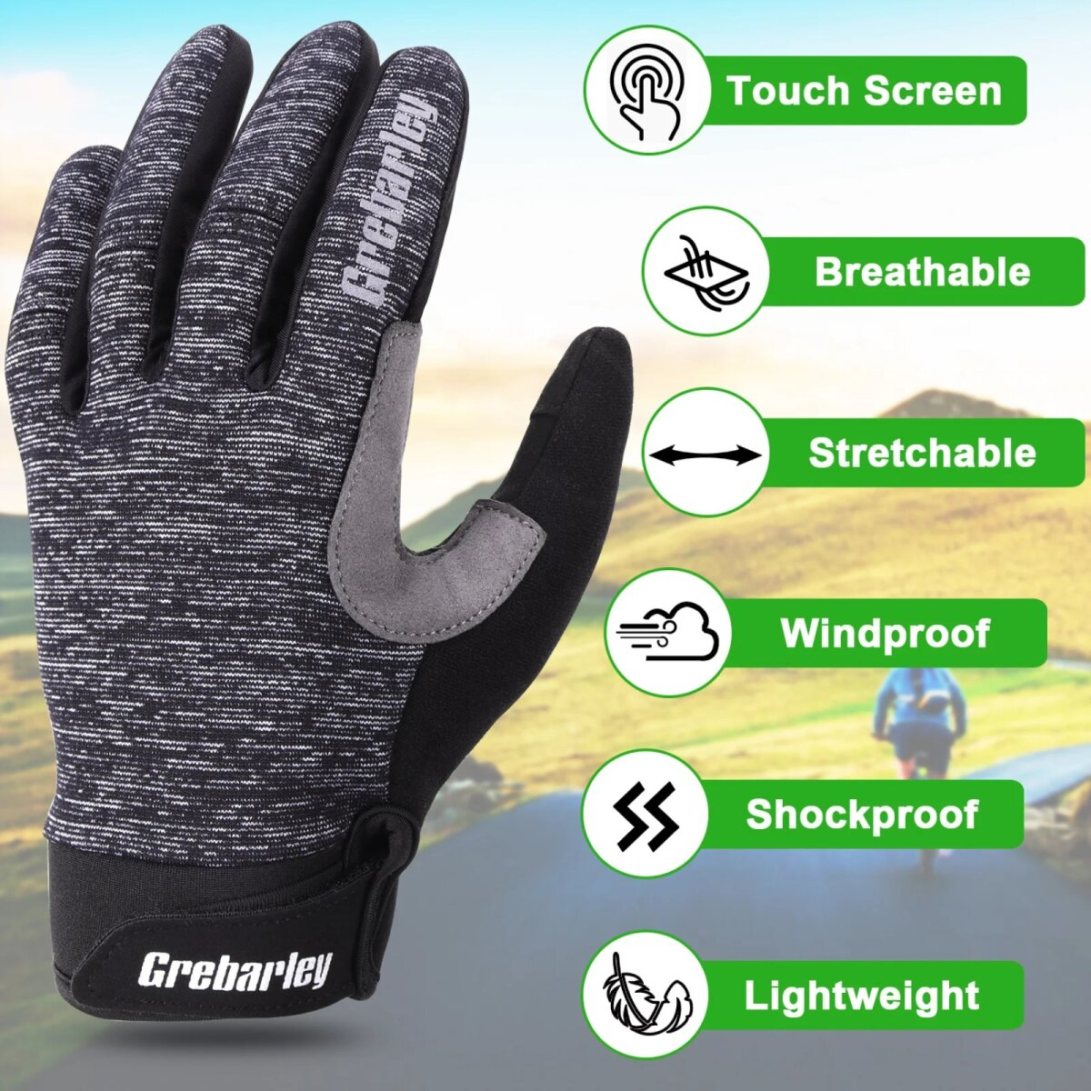 Schwarz-graue Handschuhe mit Symbolen, die Touchscreen, atmungsaktiv, dehnbar usw. anzeigen.
