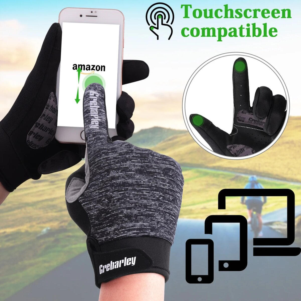 Touchscreen-kompatible Handschuhe. Eine Hand berührt einen Telefonbildschirm mit dem Amazon-Logo. Geräte-Icons.