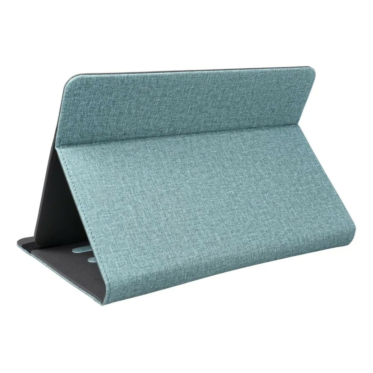 Eine blau-grüne Tablet-Hülle in Standposition. Die Hülle ist strukturiert, mit schwarzem Innenraum.
