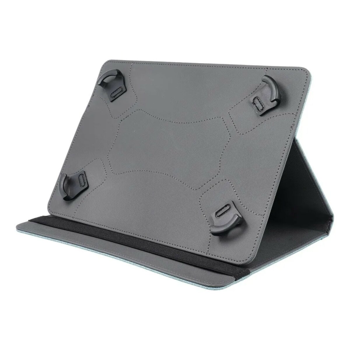 Eine graue Tablethülle mit verstellbaren Halterungen. Die Hülle ist gefaltet und zeigt die Innenseite.