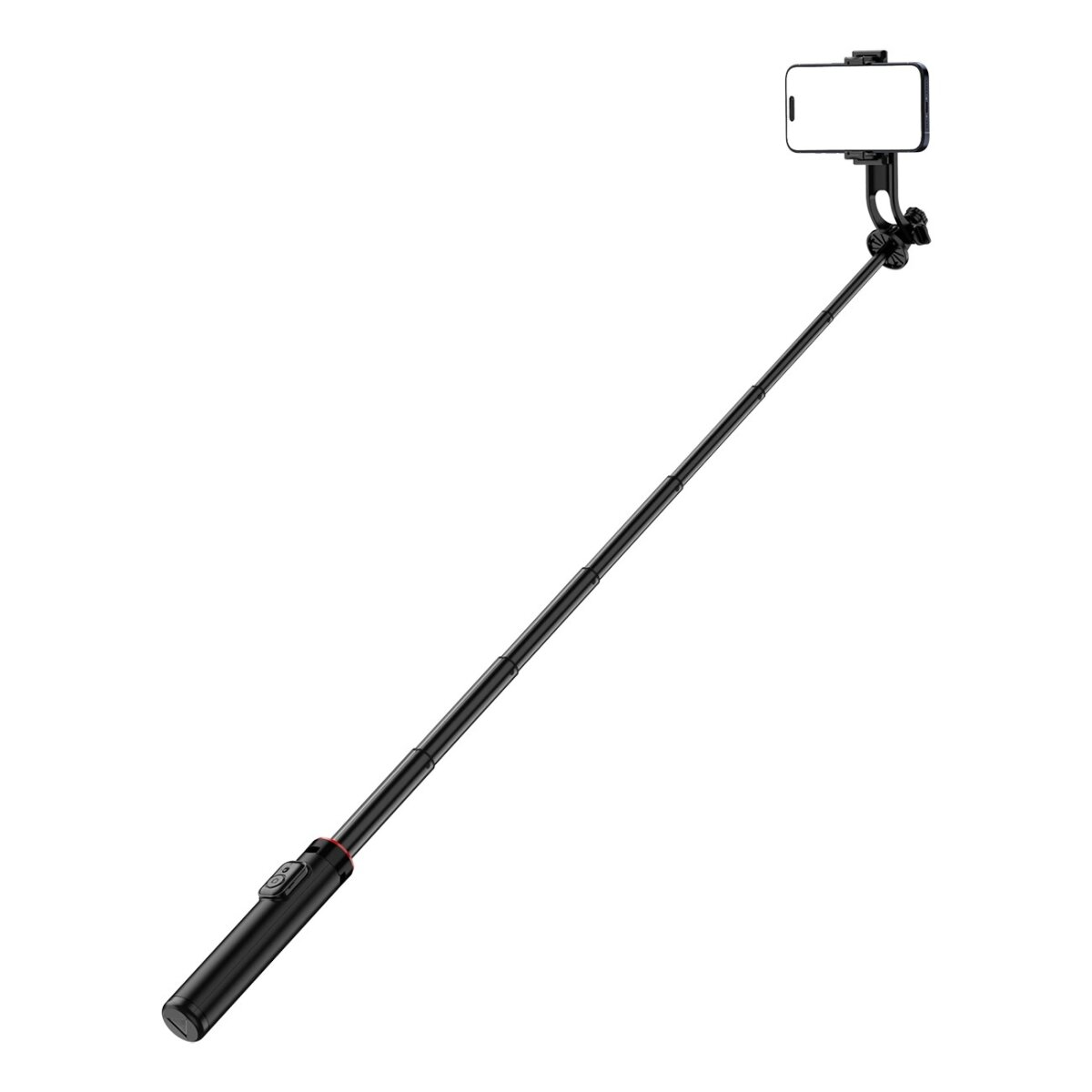 Ein schwarzer Selfie-Stick, ausgefahren. Ein Telefon ist oben befestigt. Der Griff ist unten.