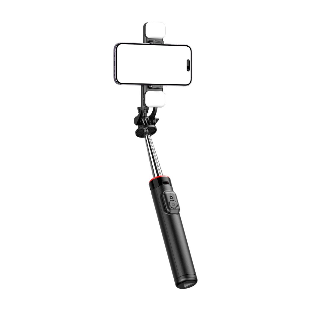Ein Selfie-Stick mit einem Telefon und einem Licht befestigt.