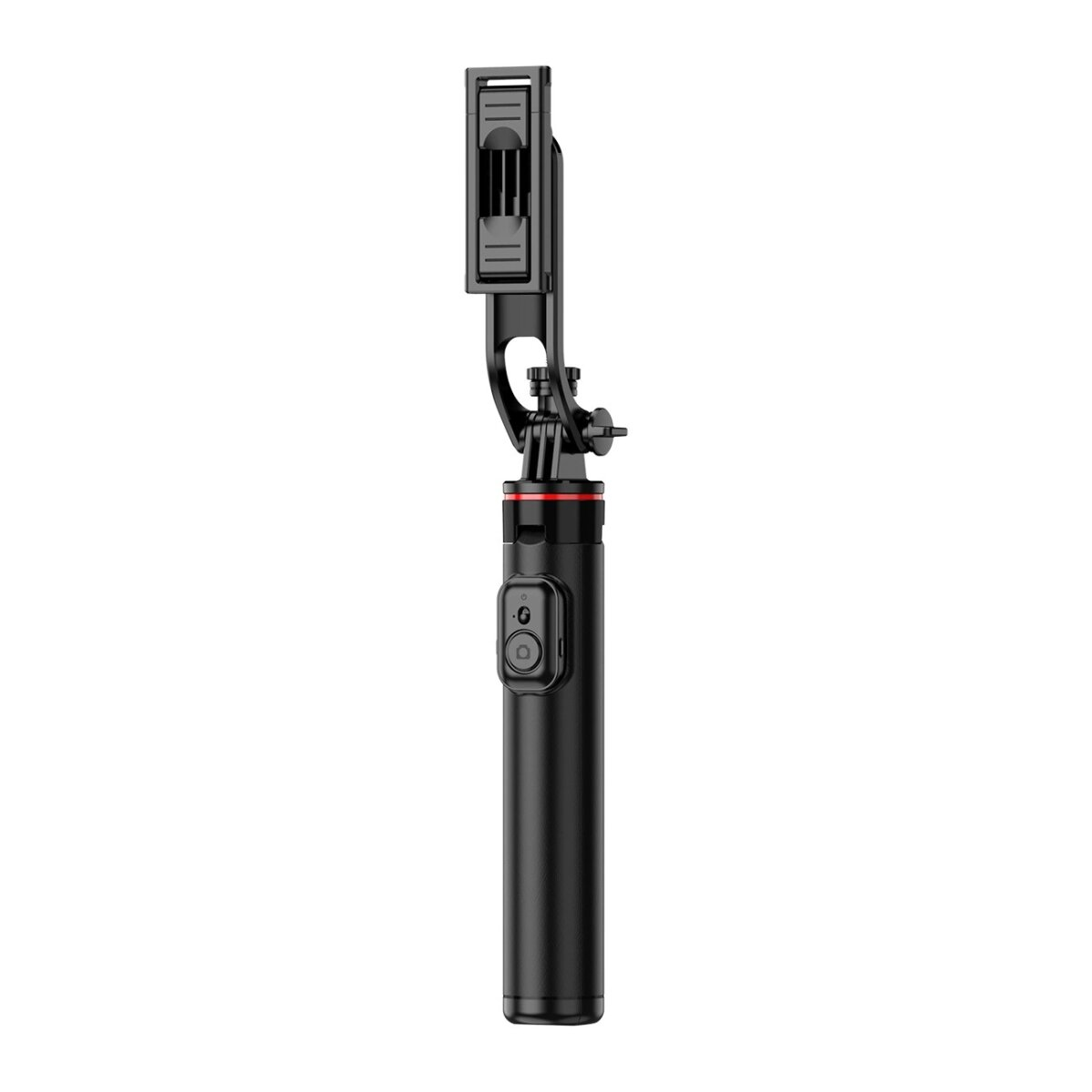 Ein schwarzer Selfie-Stick mit Telefonhalter. Er hat einen Knopf und rote Akzente.