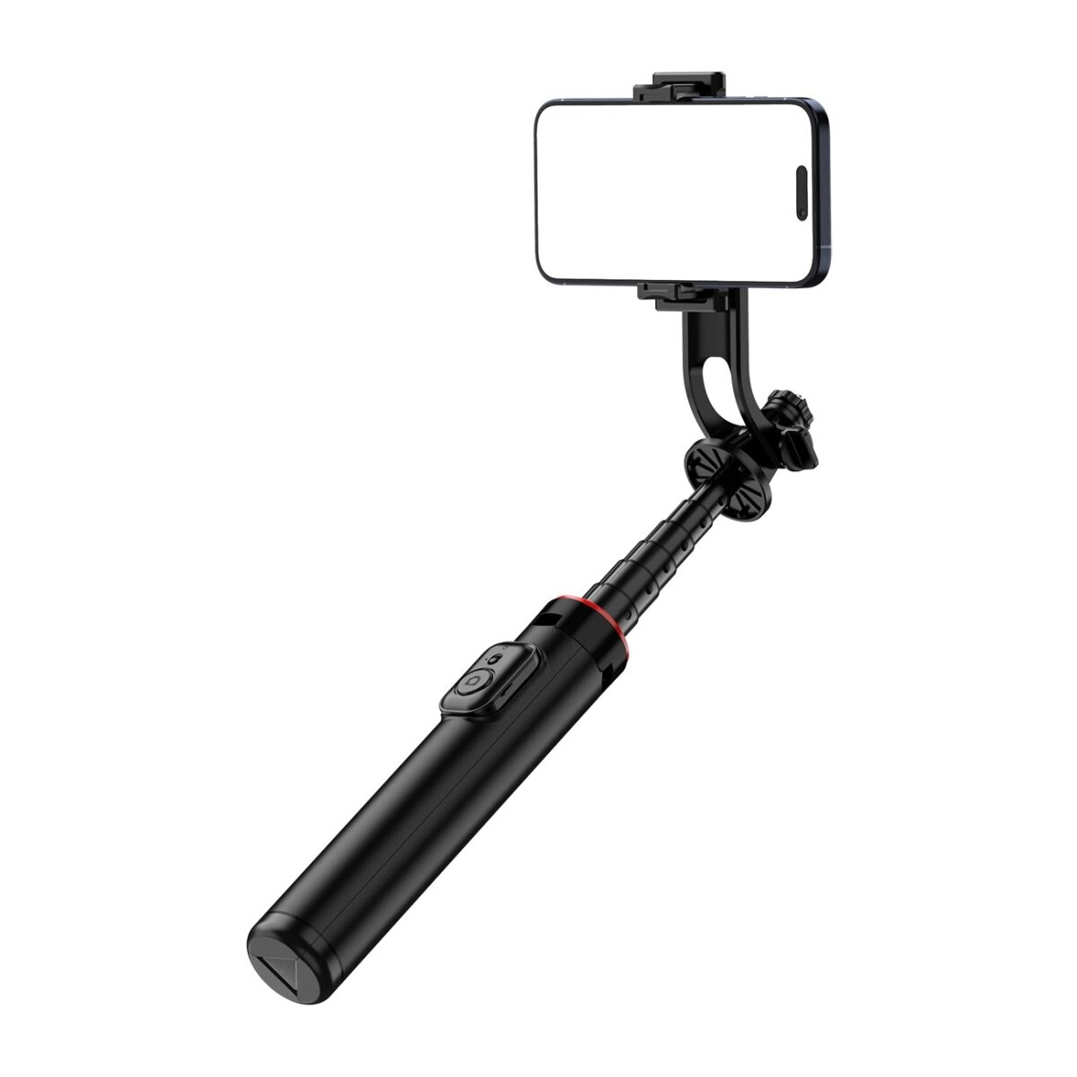 Schwarzer Selfie-Stick mit befestigtem Smartphone, weißer Hintergrund.