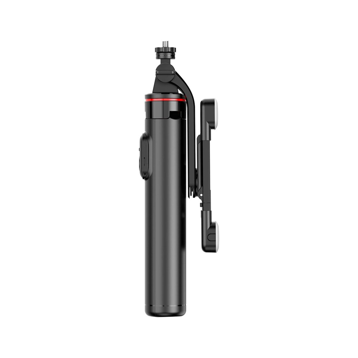 Schwarzer Selfie-Stick mit Telefonhalterung und rotem Akzent vor weißem Hintergrund.