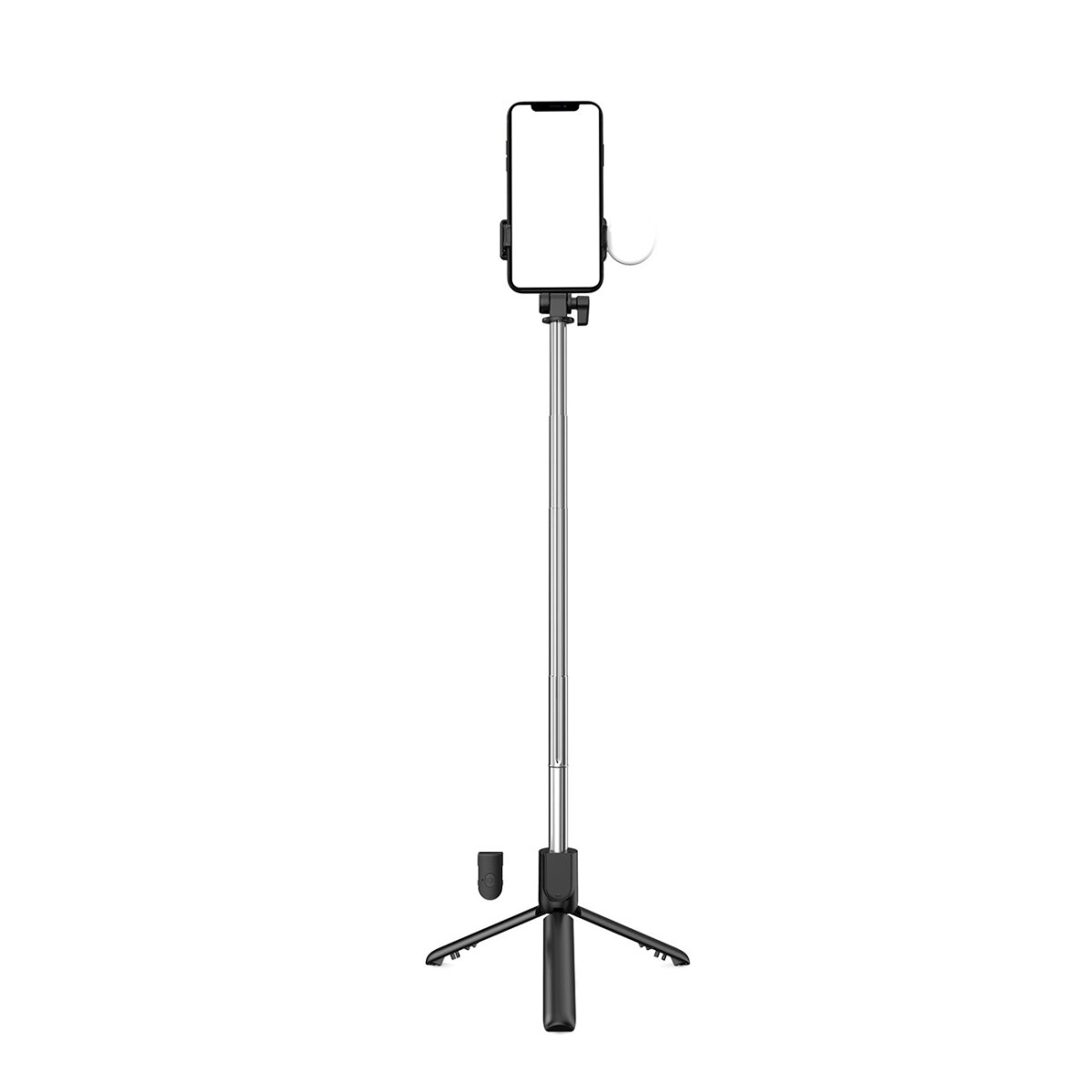 Ein schwarzer Selfie-Stick mit befestigtem Telefon, ausgefahren, vor weißem Hintergrund.