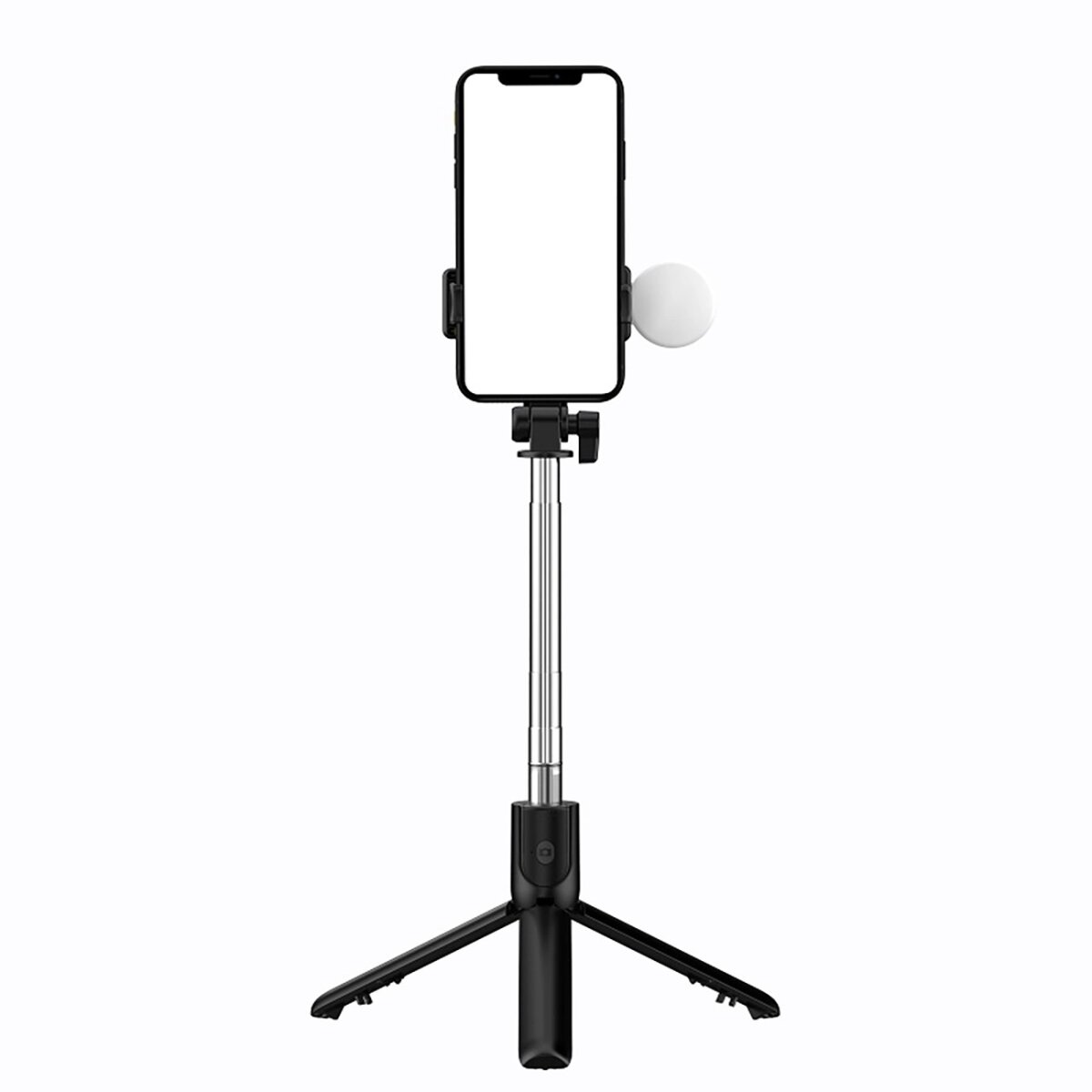 Schwarzer Selfie-Stick mit Telefon und Licht, steht auf einem Stativ. Der Hintergrund ist weiß.