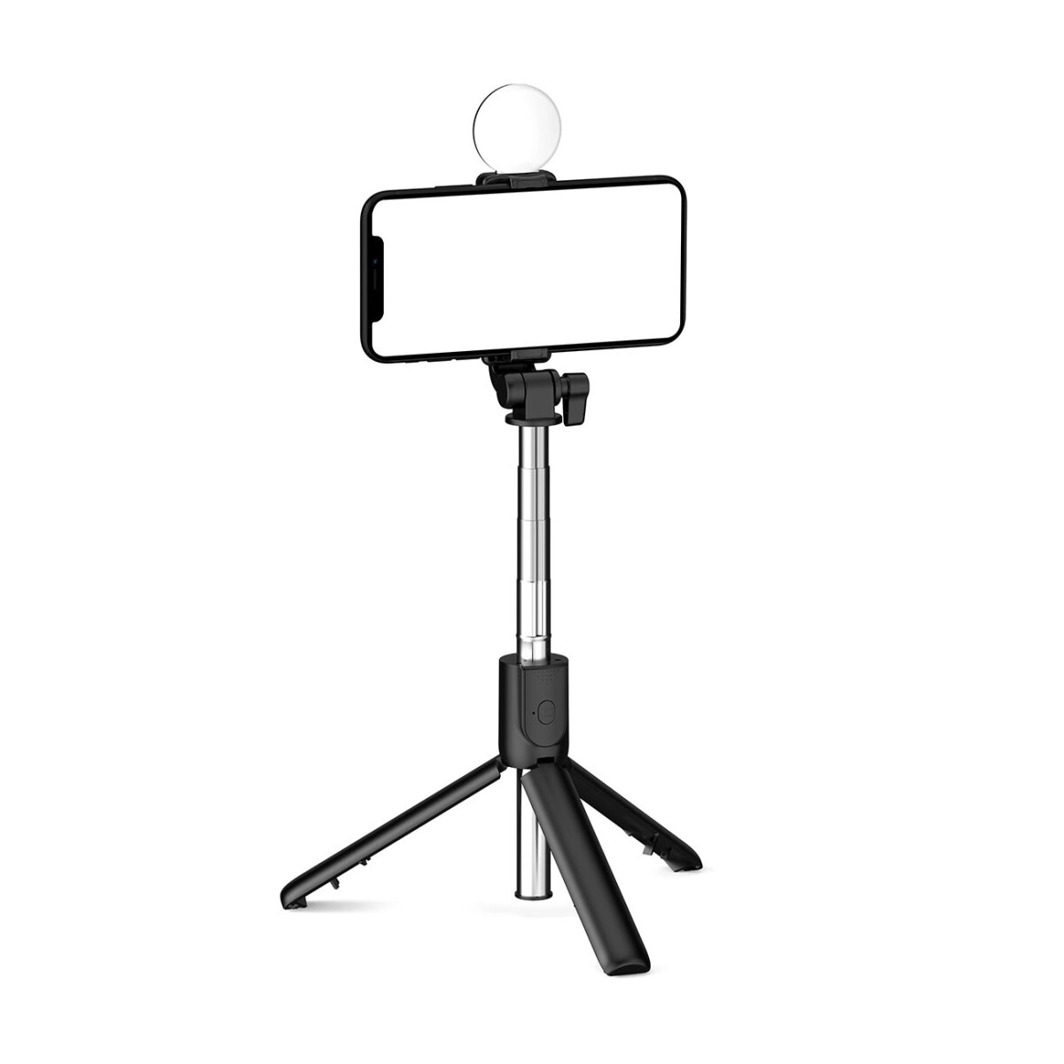 Selfie-Stick mit Telefon und Licht. Schwarzer Stick mit Stativfuß. Weißer Hintergrund.