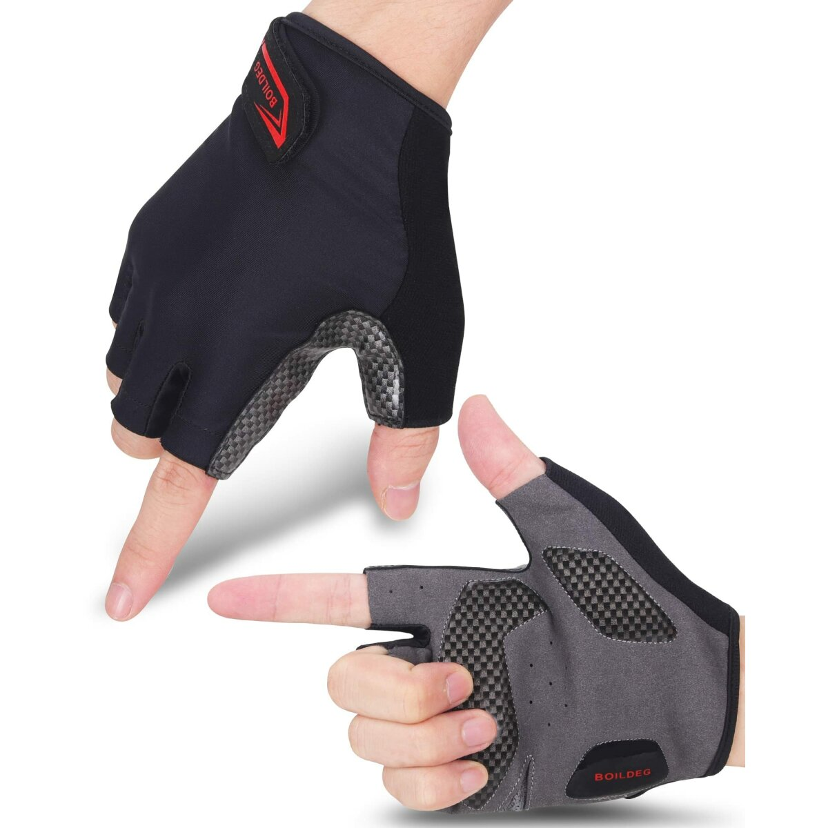 Zwei schwarze Radhandschuhe. Eine Hand zeigt, die andere Daumen hoch. Markenname Boildeg sichtbar.