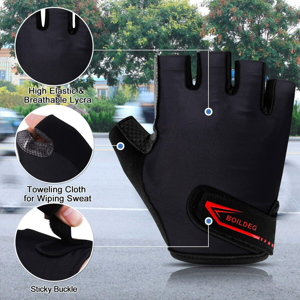 Schwarze Fahrradhandschuhe mit Details auf der Rückseite, einschließlich Schnalle und Schweißtuch.