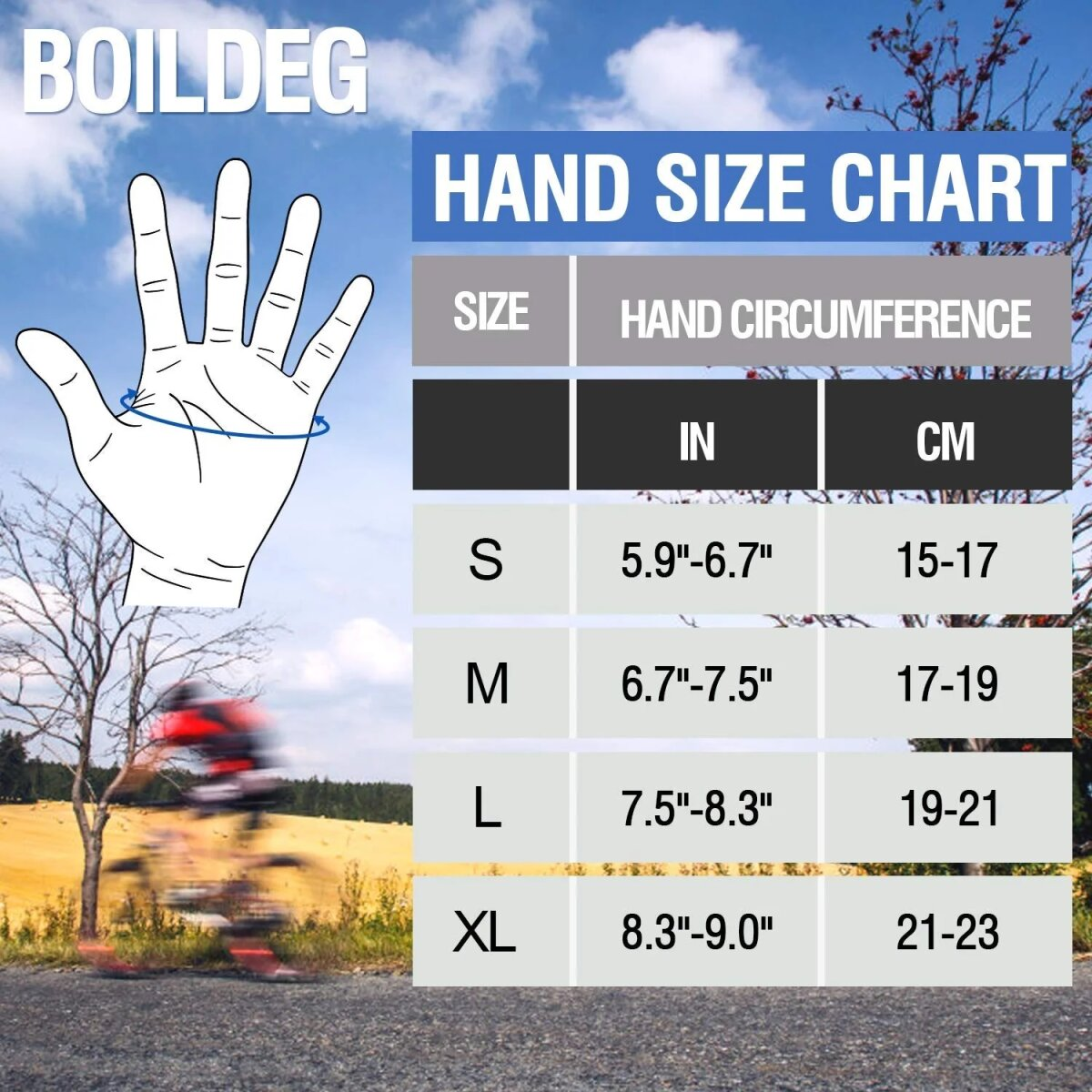 Handgrößentabelle. Zeigt eine Handkontur und Größen S bis XL mit Handumfängen in Zoll und cm.
