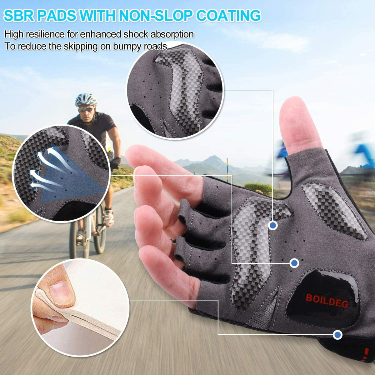 Fahrradhandschuhe mit Polsterung und rutschfester Beschichtung. Nahaufnahmen zeigen Details.